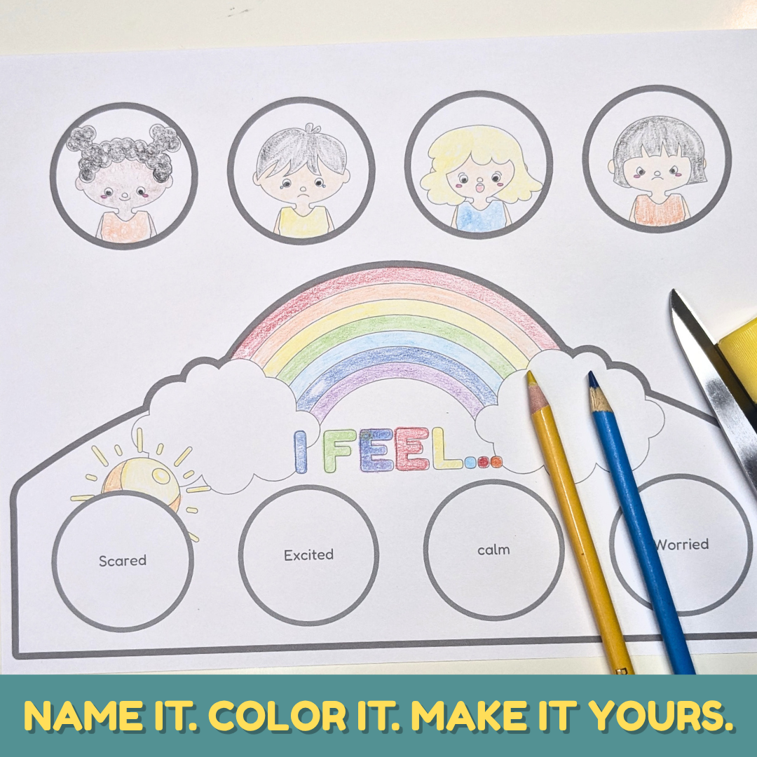 Feelings crown printable craft for kids that helps children identify and talk about emotions such as scared, excited, calm, worried, sad, surprised, and angry.