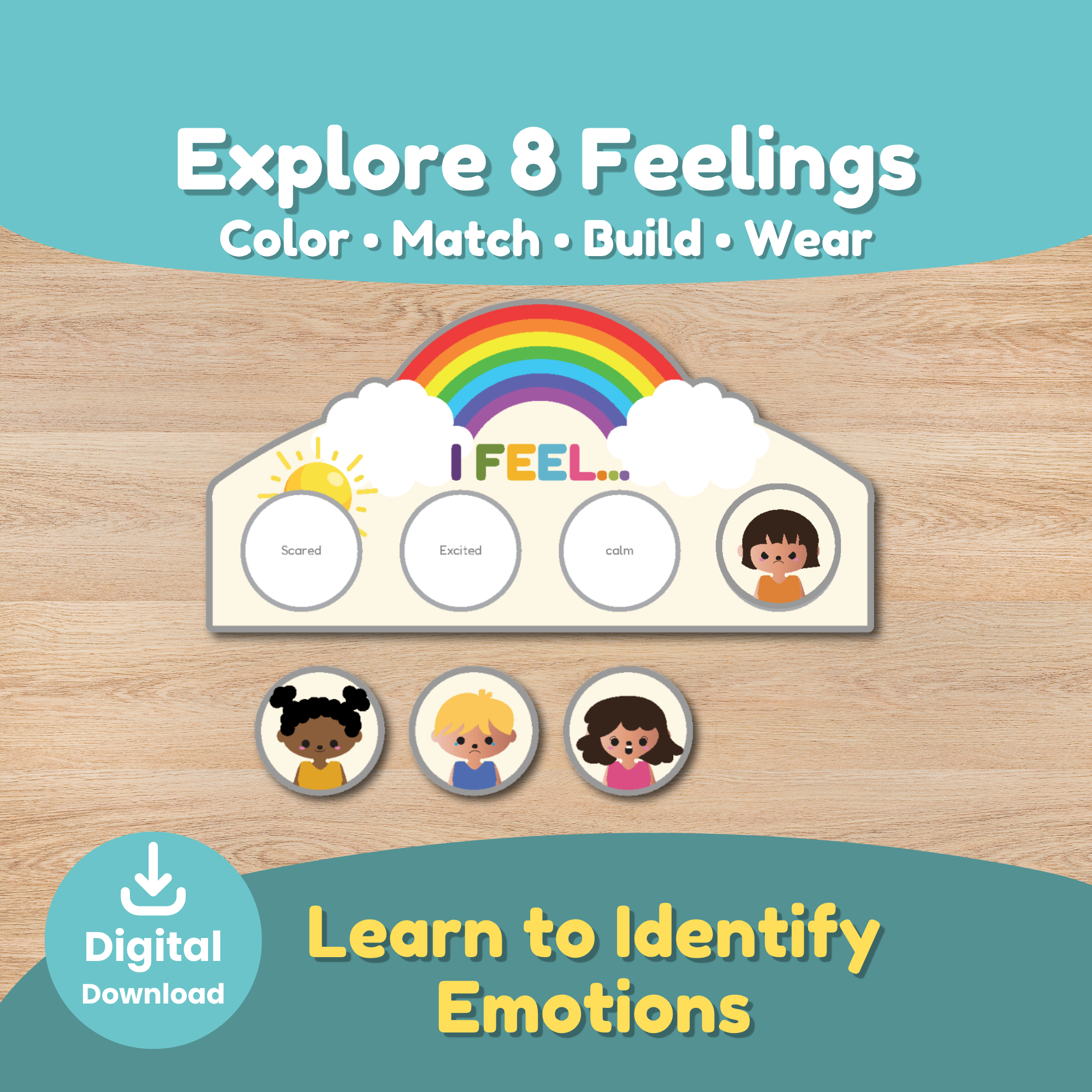 Feelings cut and paste crown printable showing color and black-and-white templates, character faces, and emotion pieces for children to color, cut, glue, and assemble into a wearable crown.