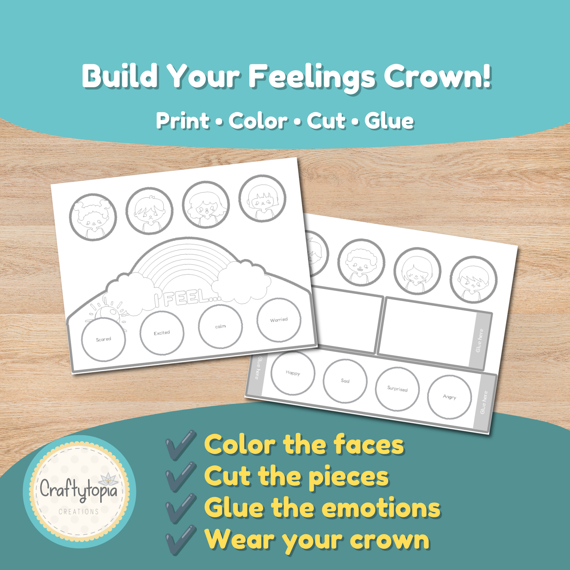 Social emotional learning feelings activity featuring printable crown templates and a Read and Draw activity where children practice identifying and expressing emotions through drawing and creative play.