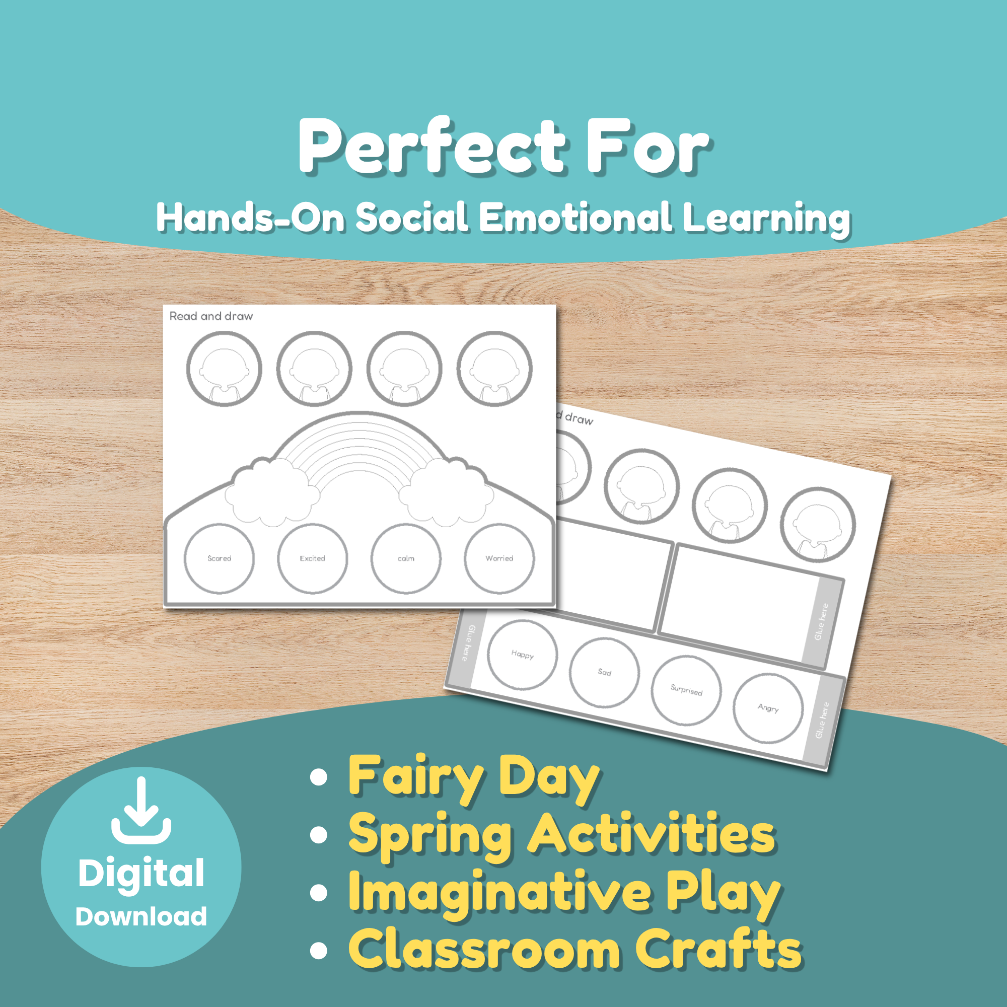 Feelings crown craft printable featuring eight emotions, including happy, sad, surprised, angry, scared, excited, calm, and worried, with character faces for kids to match and identify emotions.