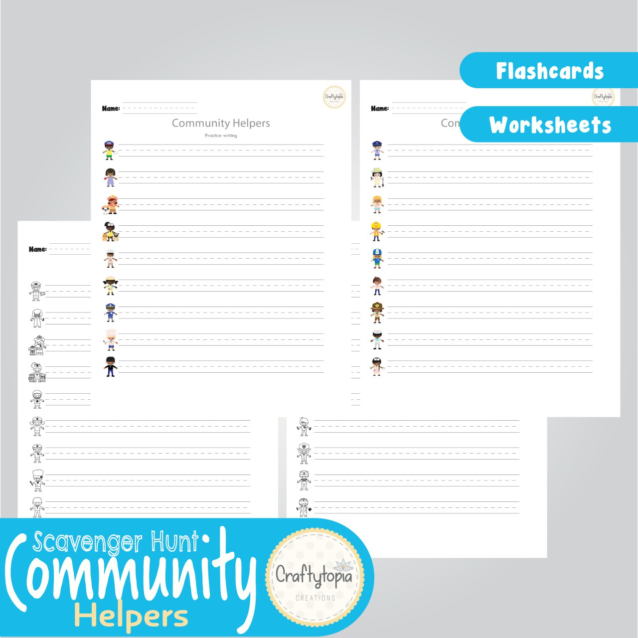Printable Community Helpers Flashcards and Scavenger Hunt Writing Sheets