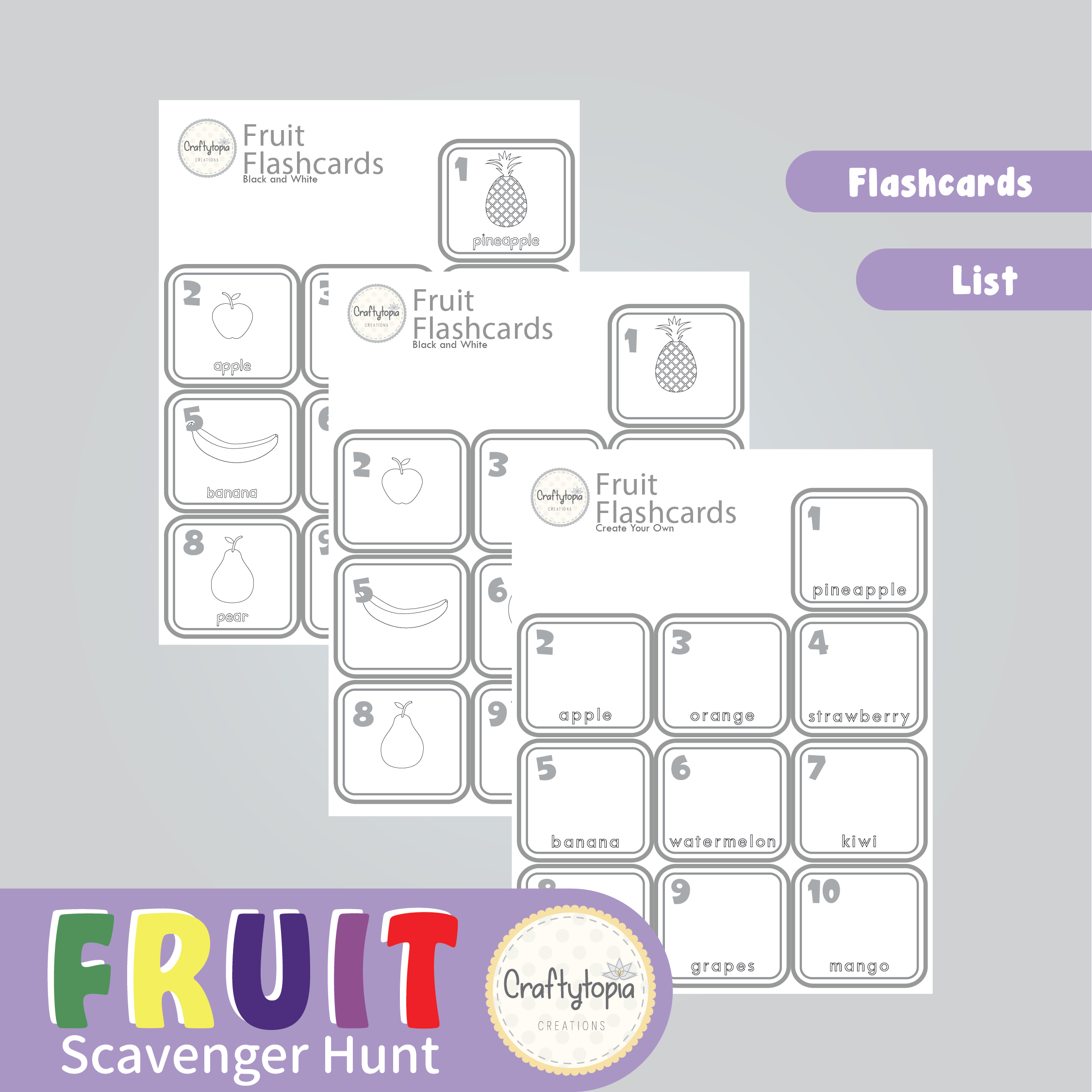 Printable Fruit Flashcards and Scavenger Hunt for coloring