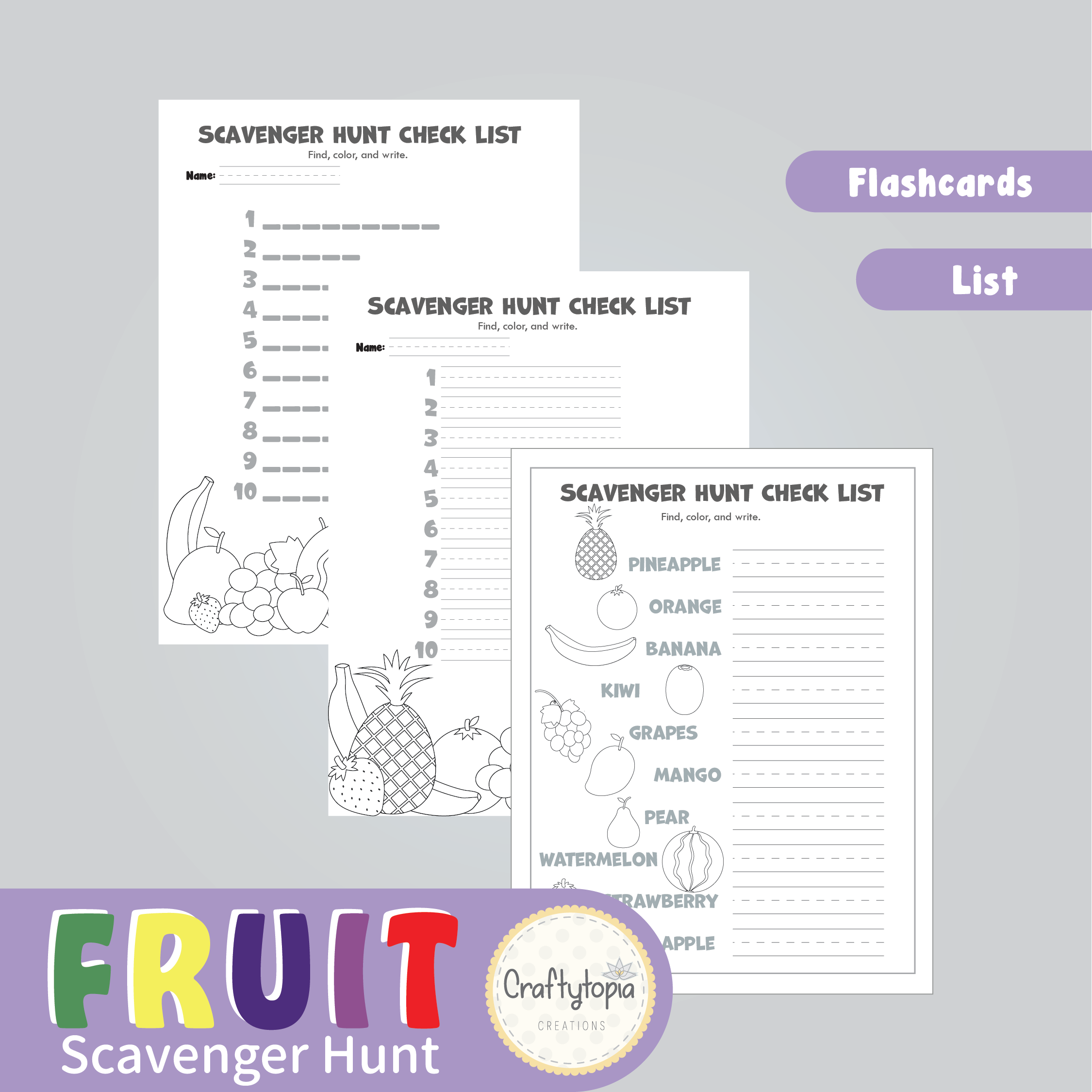 Printable Fruit Flashcards and Scavenger Hunt checklists