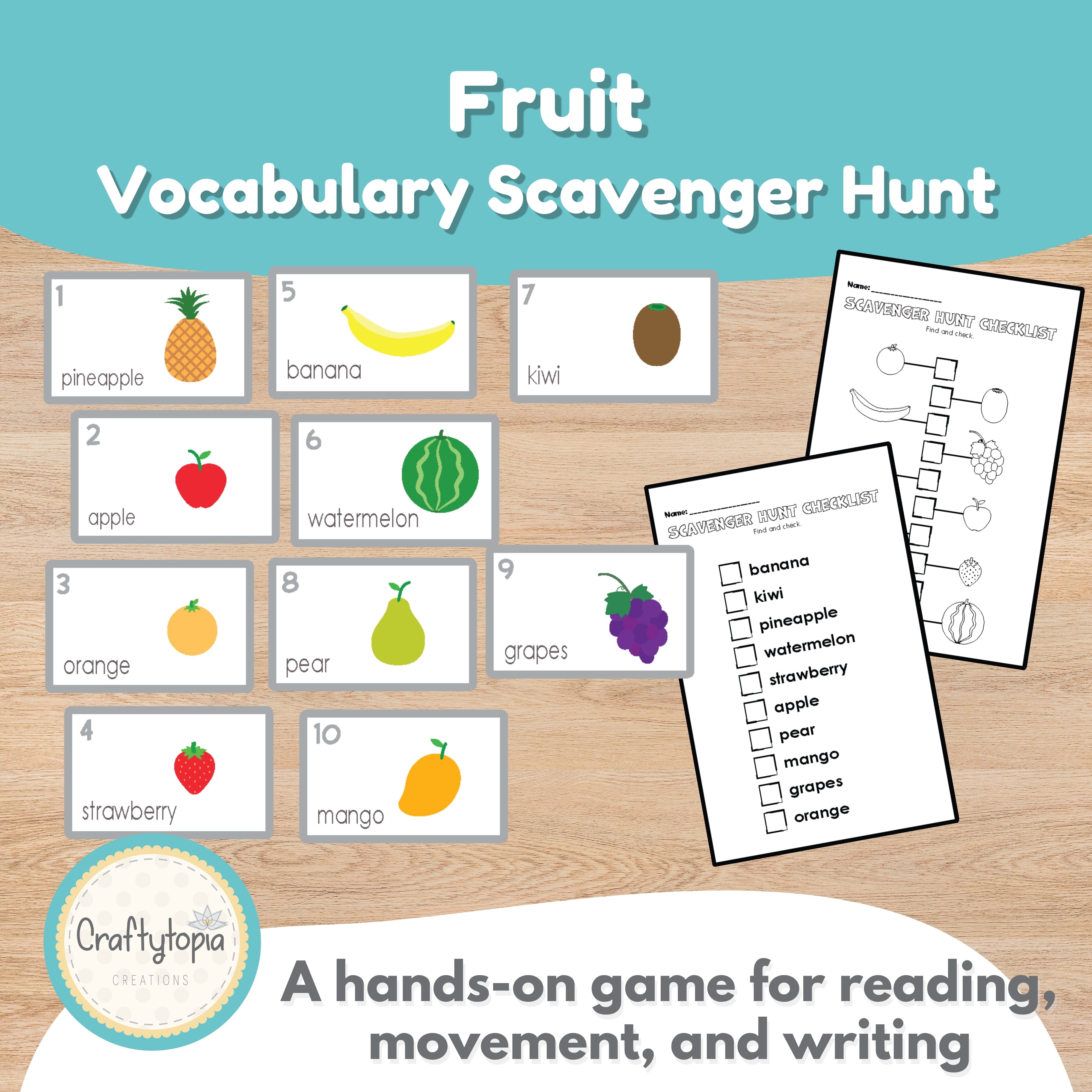 Fruit scavenger hunt color flashcards for kindergarten — 10 illustrated fruit vocabulary words including pineapple, watermelon, and mango