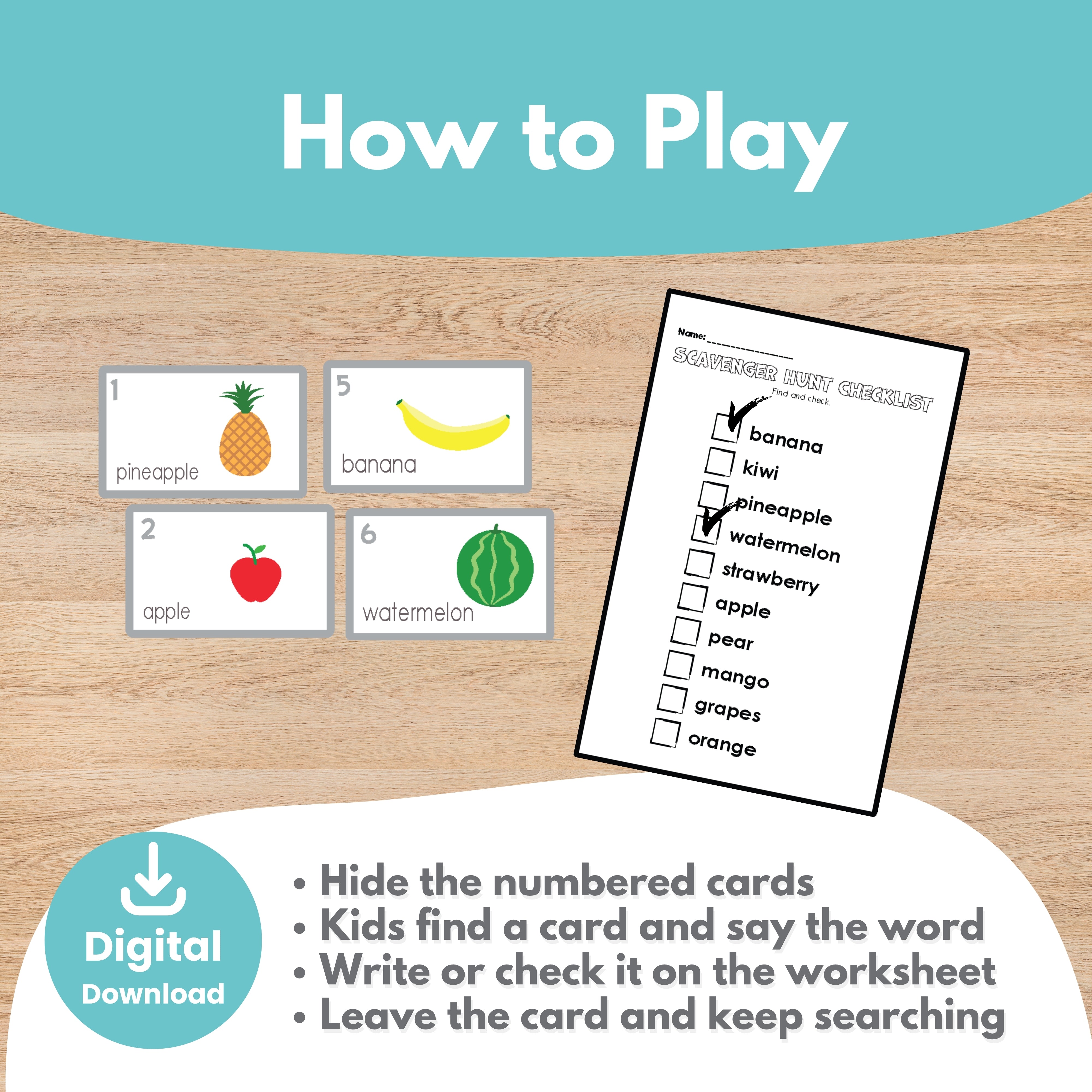 Fruit scavenger hunt writing list worksheet for Pre-K — find the card, write the fruit word, and color
