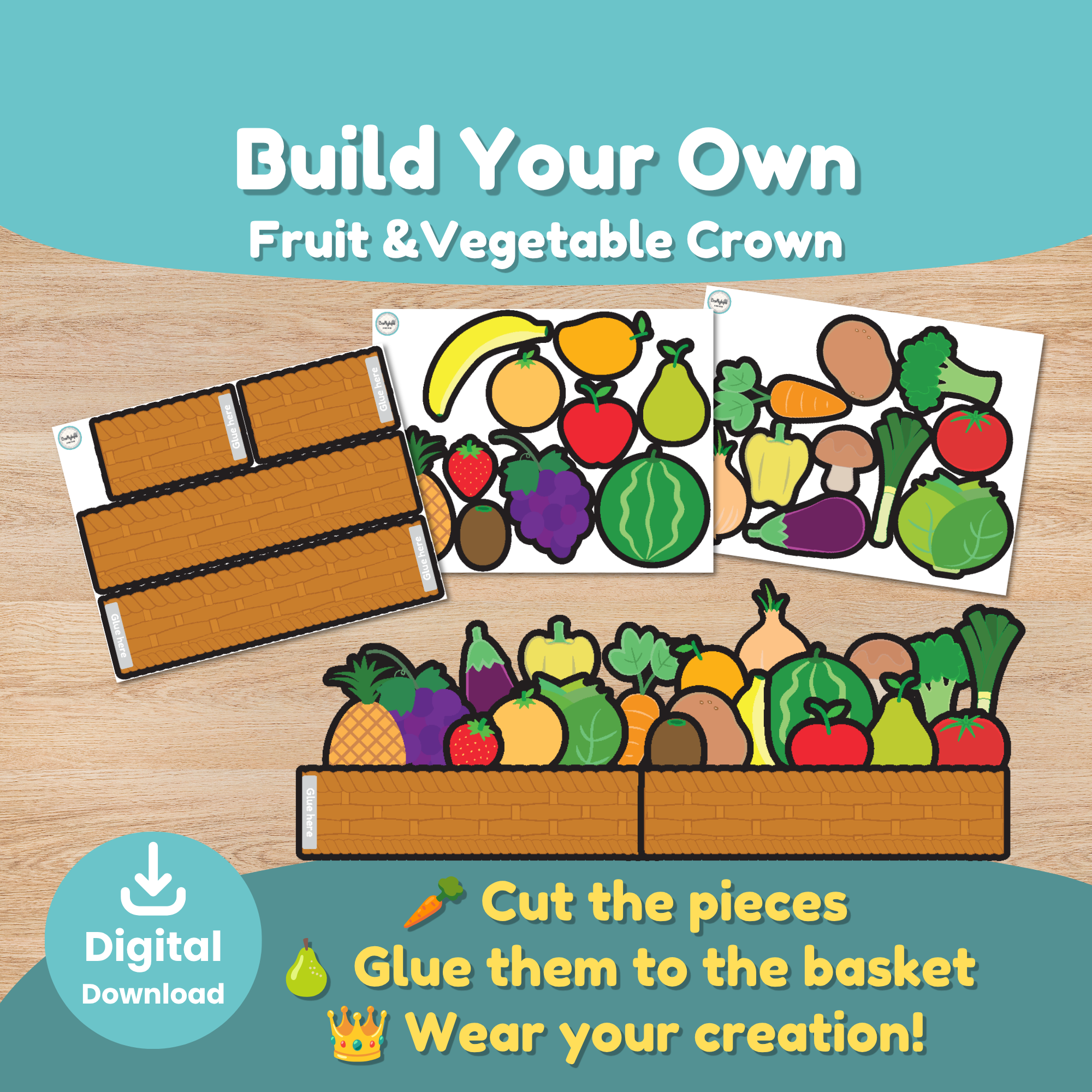 Fruit and vegetable printable cut and paste crown craft with a basket and colorful fruits and vegetables for hands-on learning