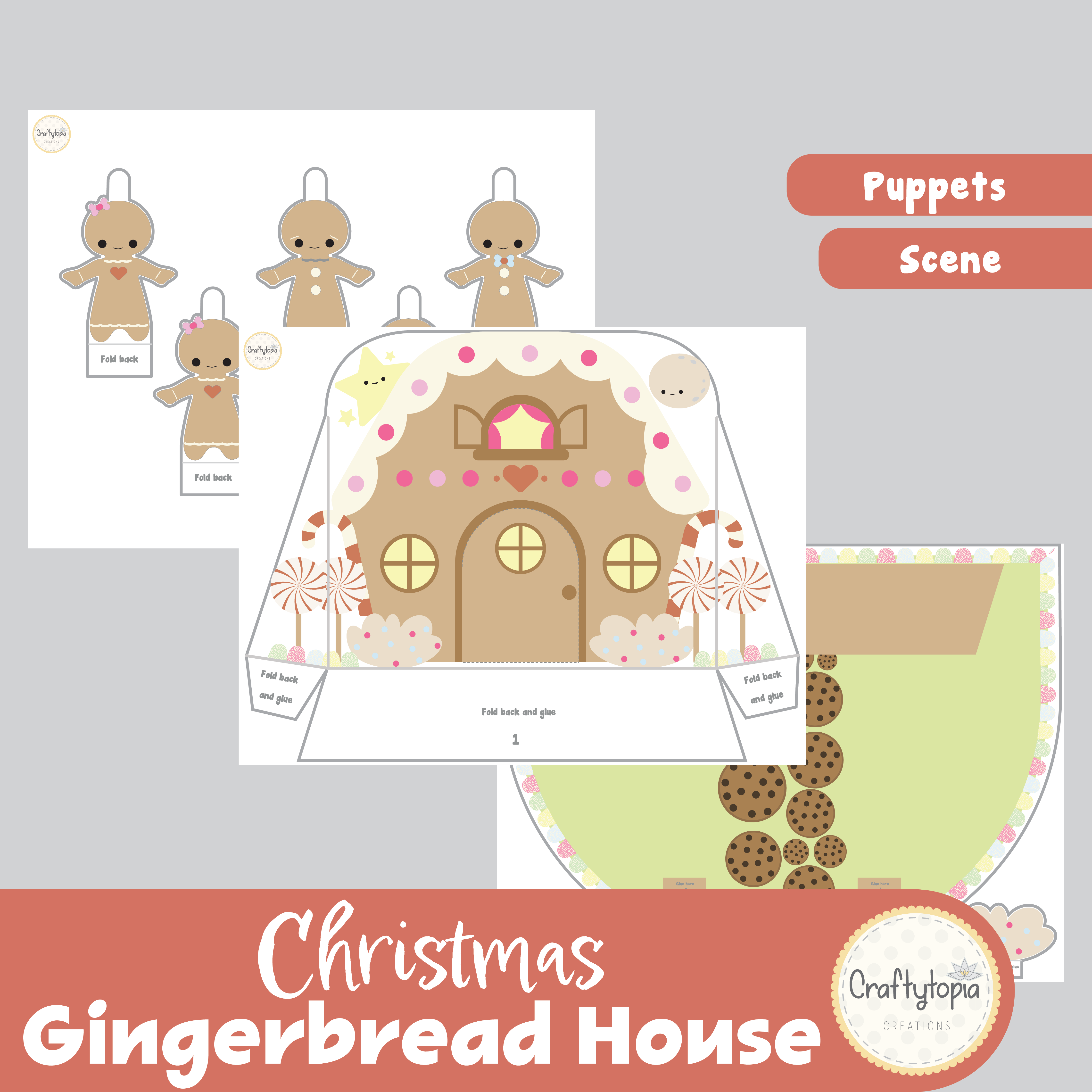 Printable Gingerbread Puppets Scene Kids Activity in color