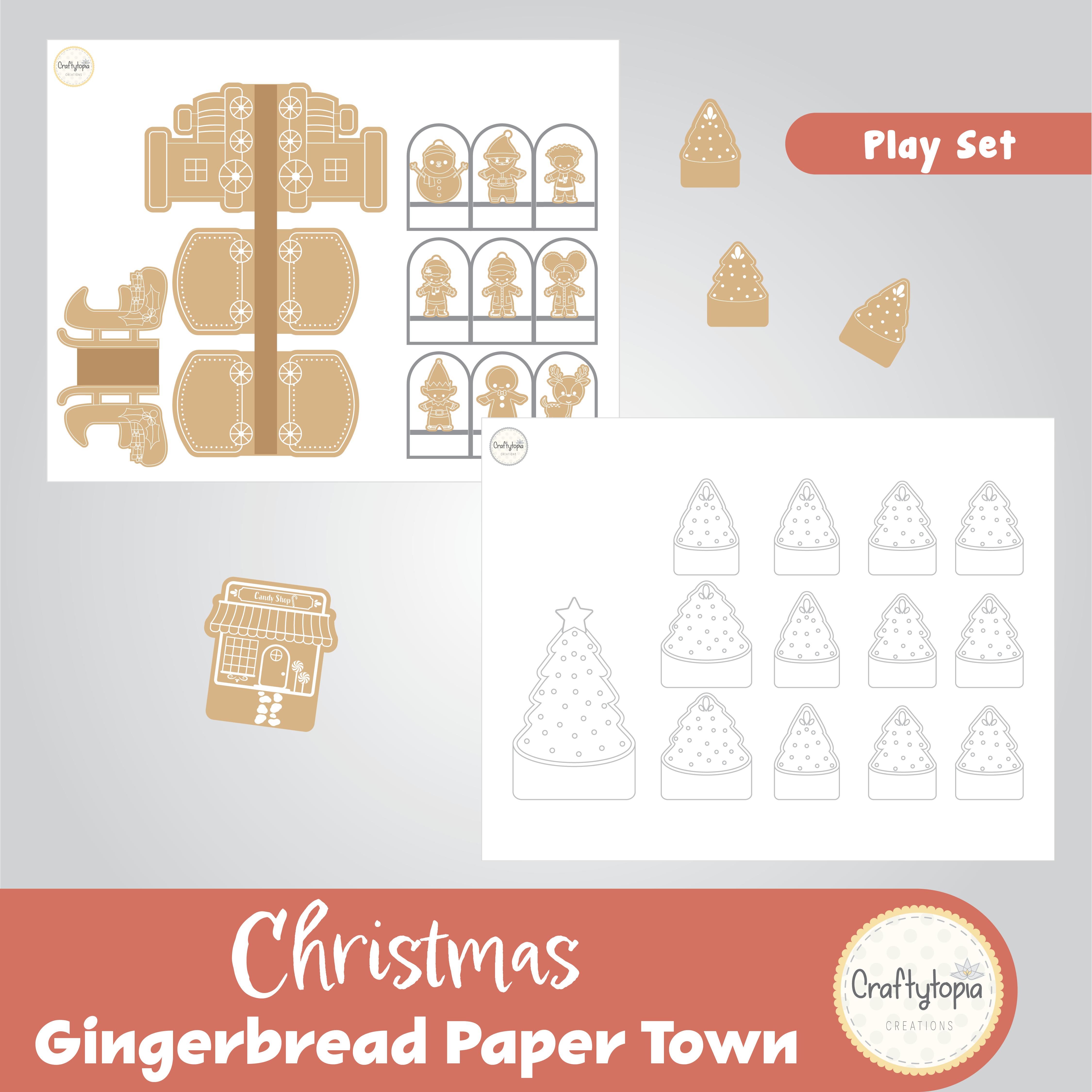 Printable Gingerbread Town with Puppets Kids Activity for coloring 