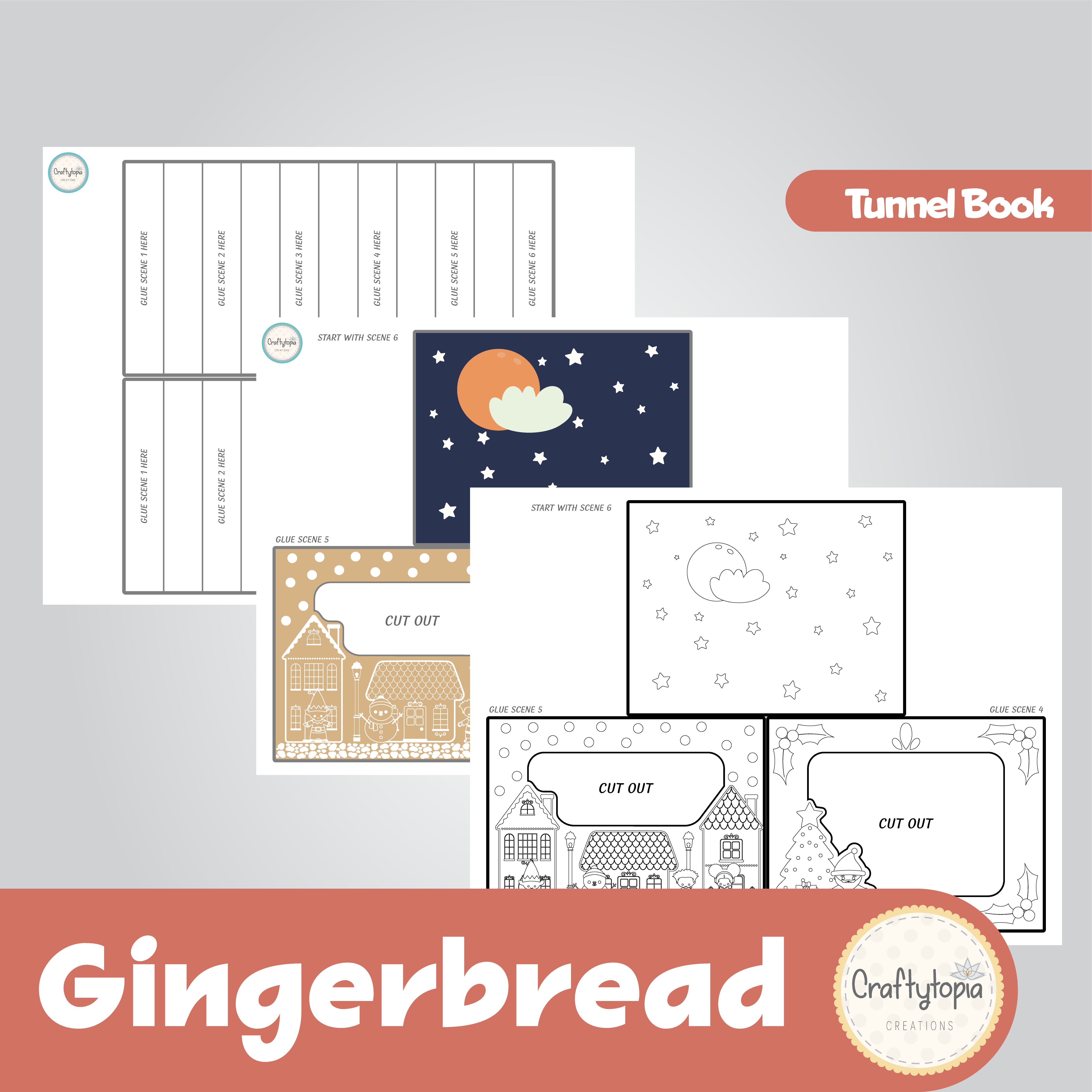 Printable Gingerbread Tunnel Book 3D Kids Craft for coloring