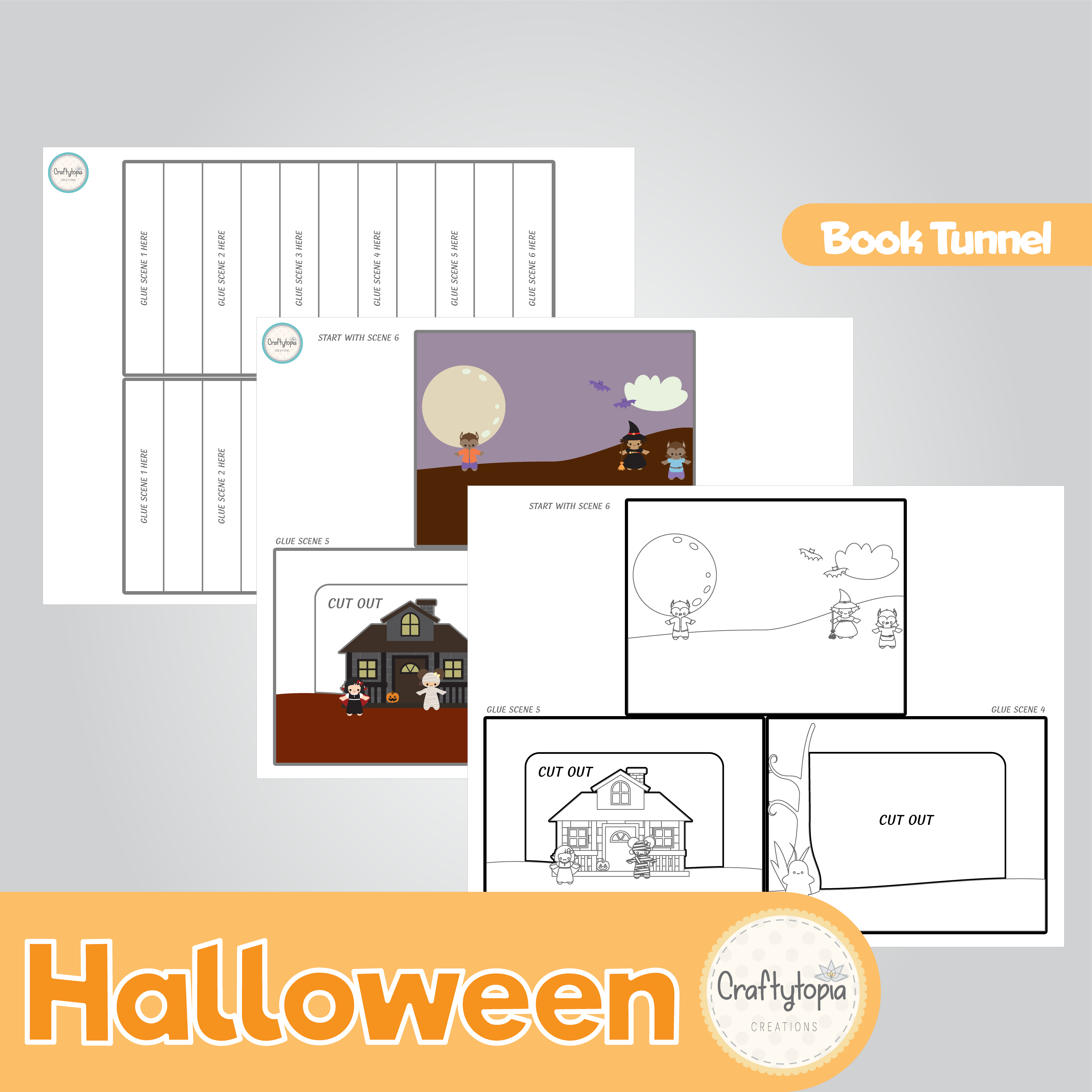 Printable Halloween Tunnel Book 3D Kids Craft for coloring