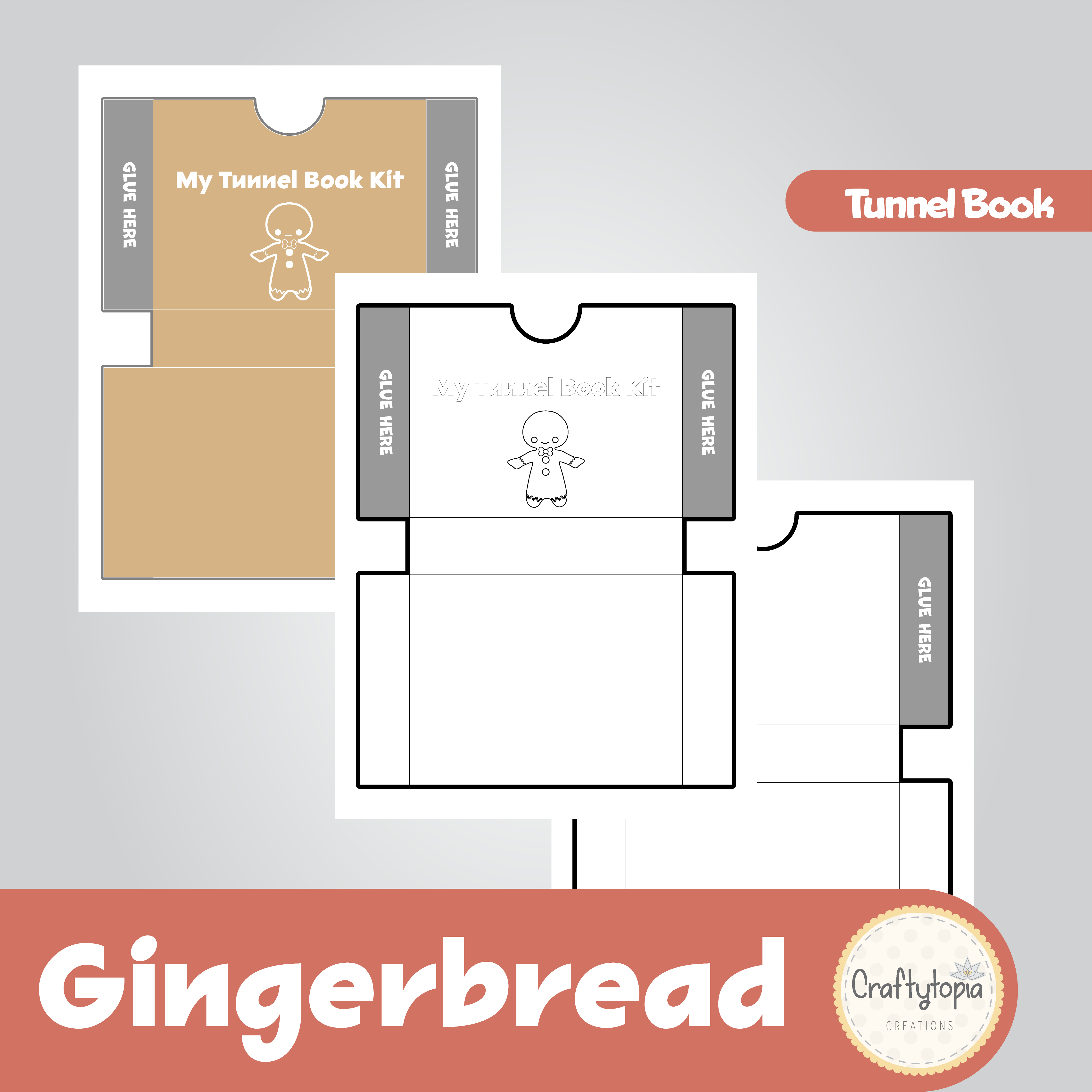 Printable Gingerbread Tunnel Book 3D Kids Craft for coloring