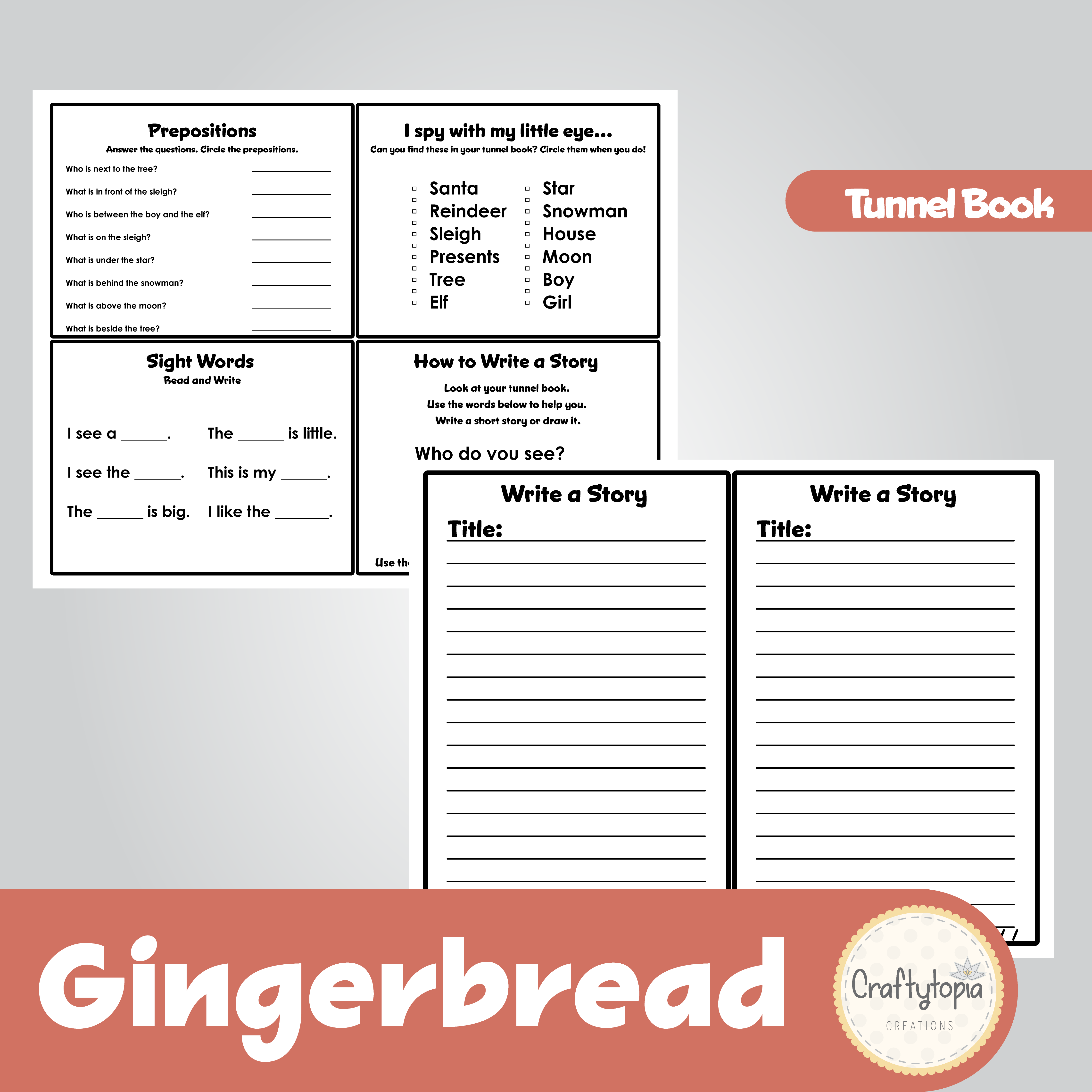 Printable Gingerbread Tunnel Book 3D Kids Craft Writing Activities