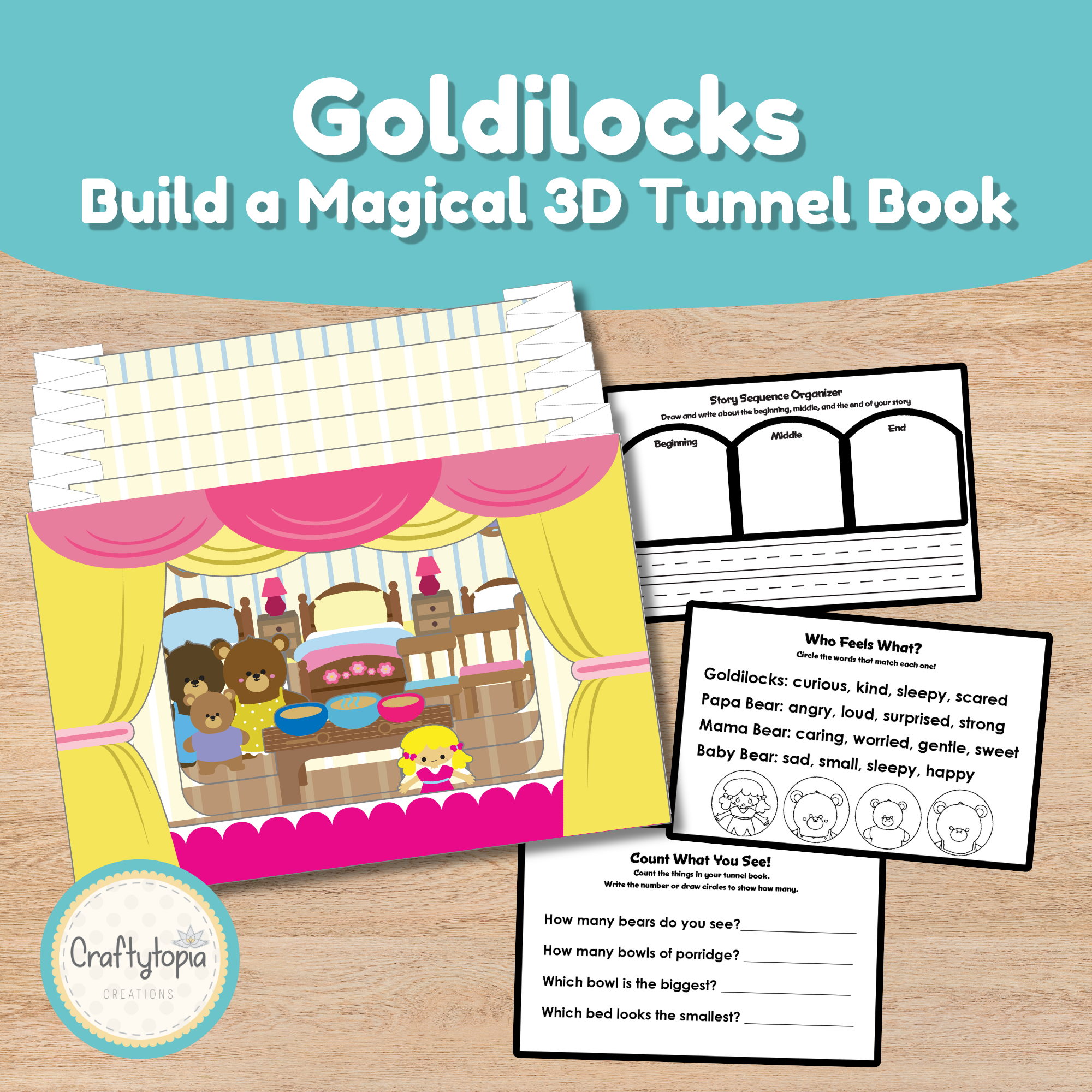 Goldilocks and the Three Bears 3D tunnel book printable craft for kids Craftytopia