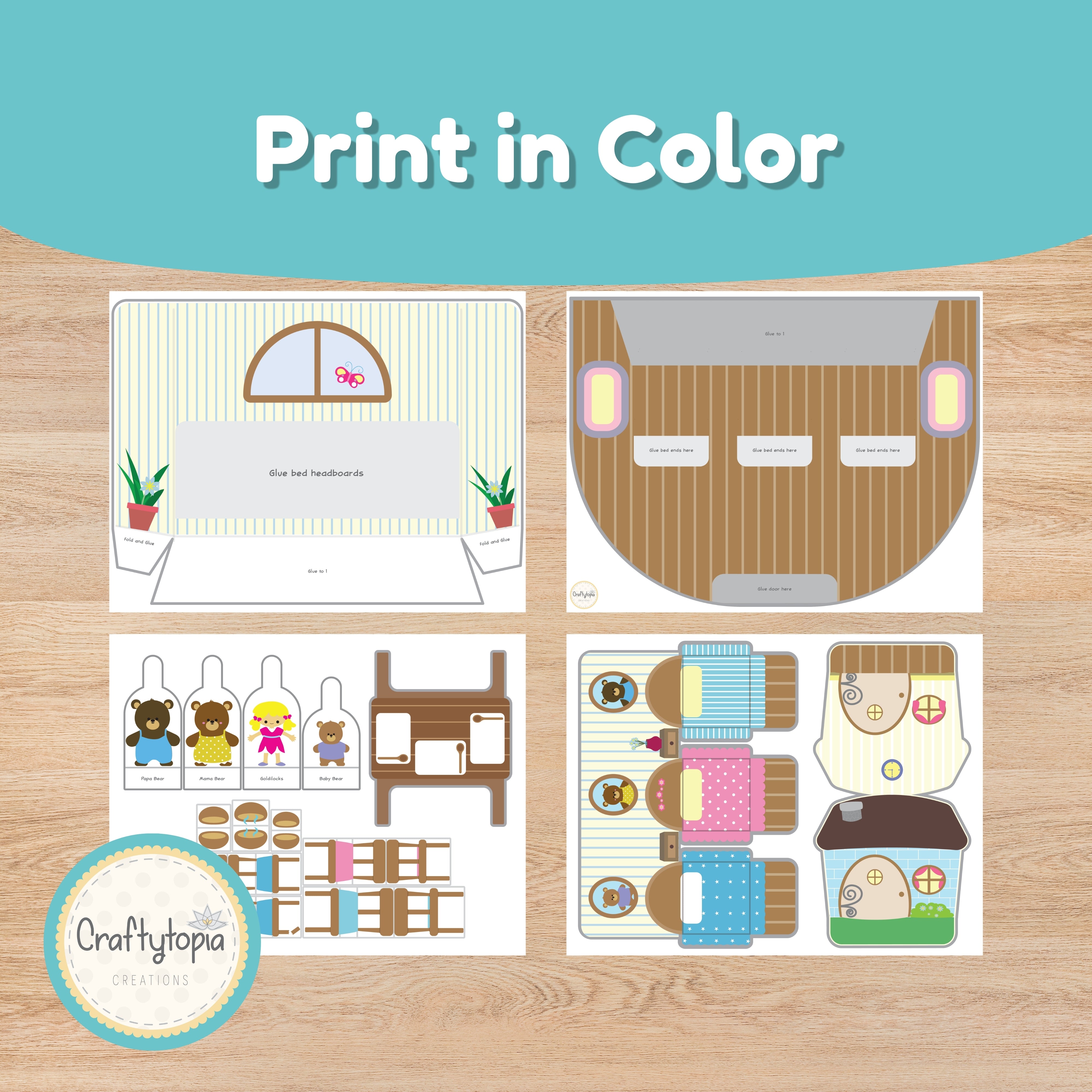 Color version Goldilocks and the Three Bears scene craft printable for kids | Craftytopia Creations
