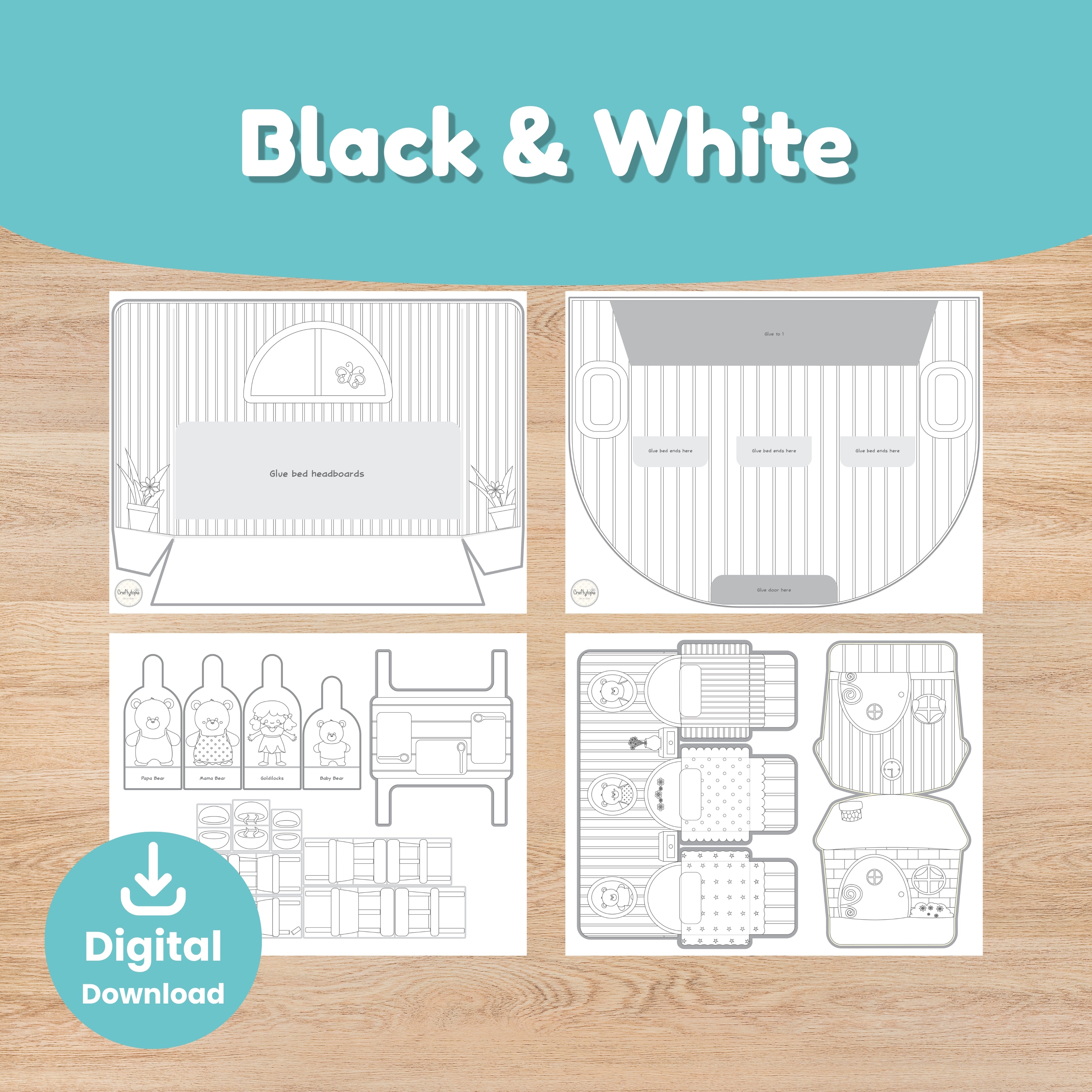 Black and white Goldilocks and the Three Bears printable activity for kids | Craftytopia Creations
