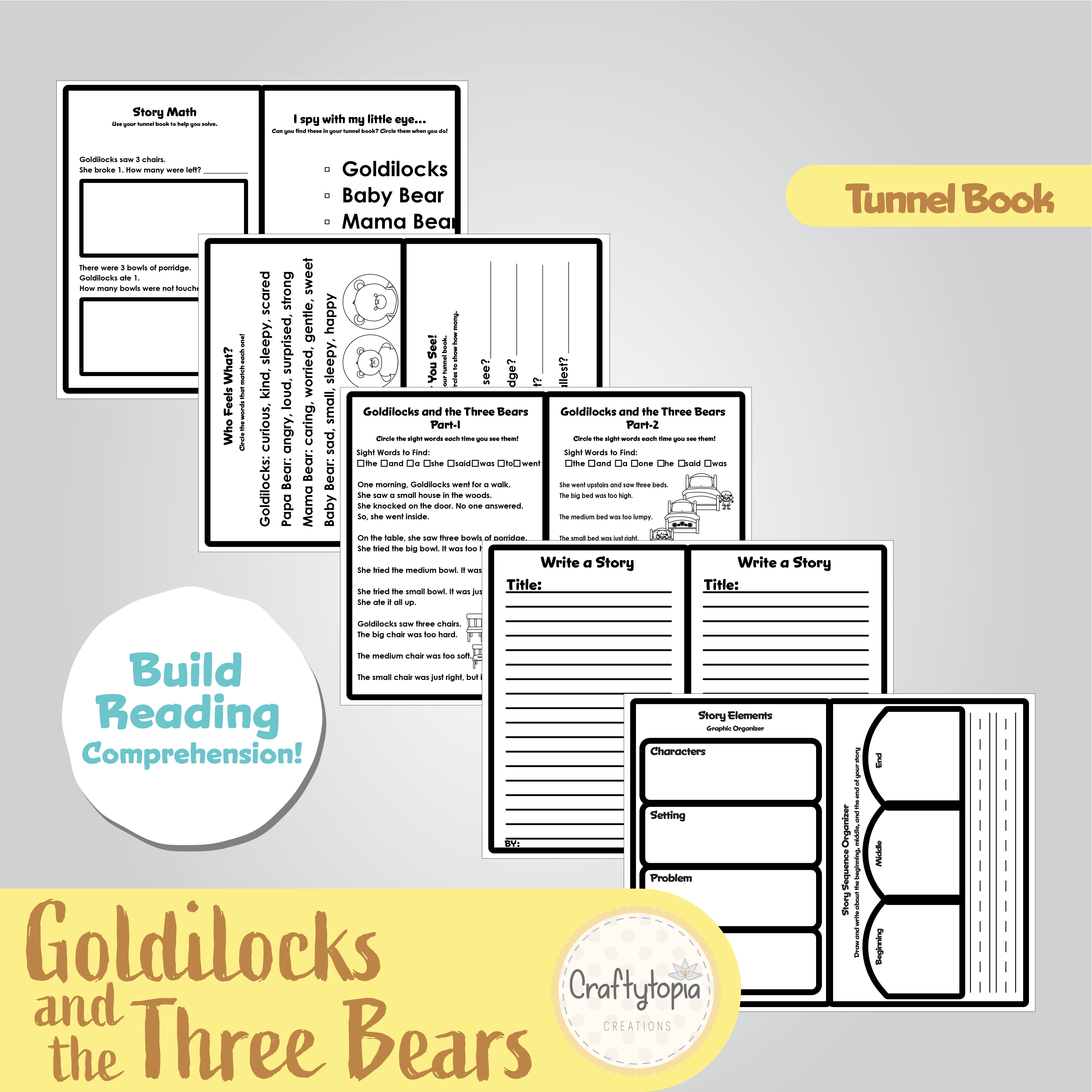 Printable Goldilocks and the Three Bears Tunnel Book 3D Kids Craft Math, Reading, Writing Activities