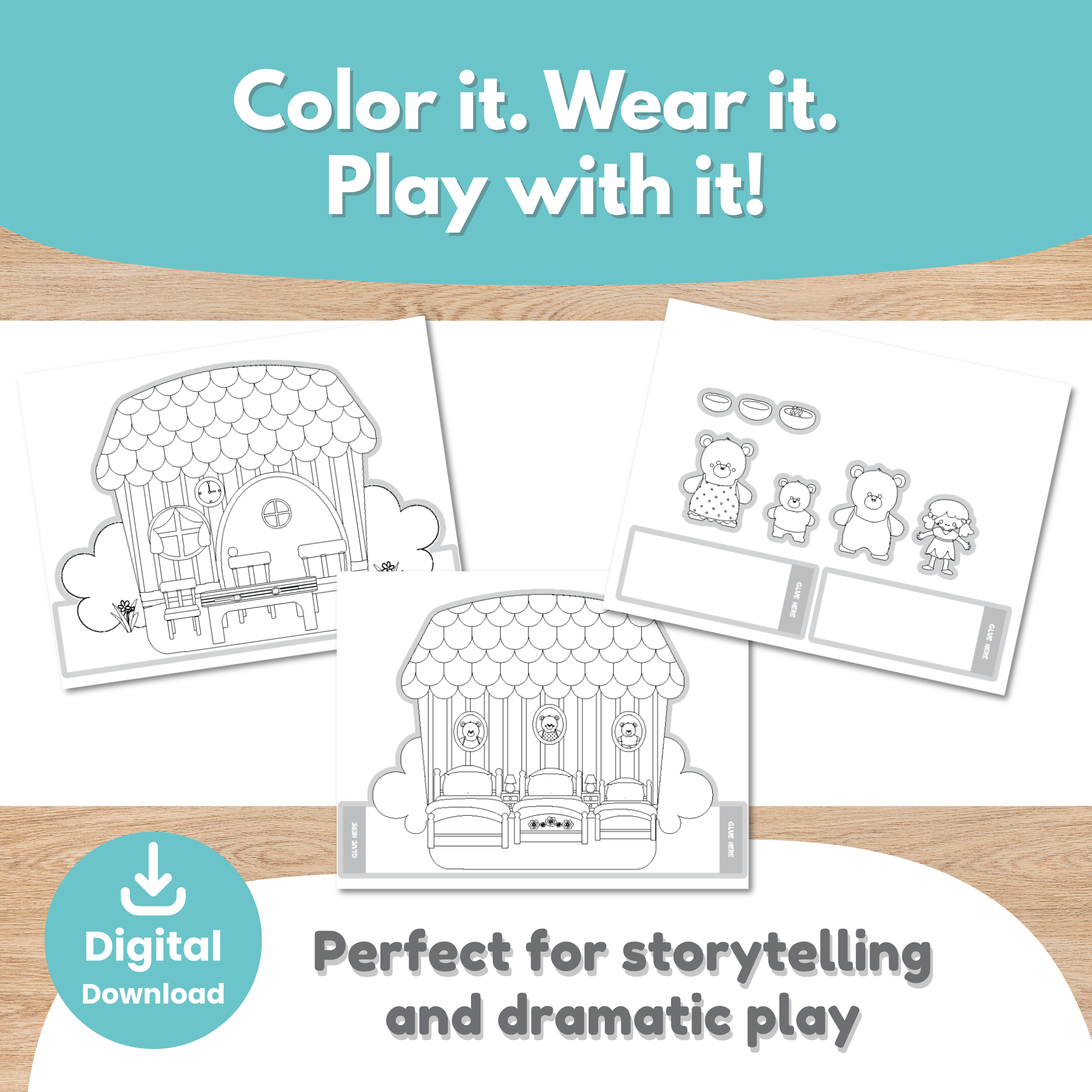 Goldilocks Crown Craft for Kids Printable crown scene (color + black & white versions) Craftytopia.com