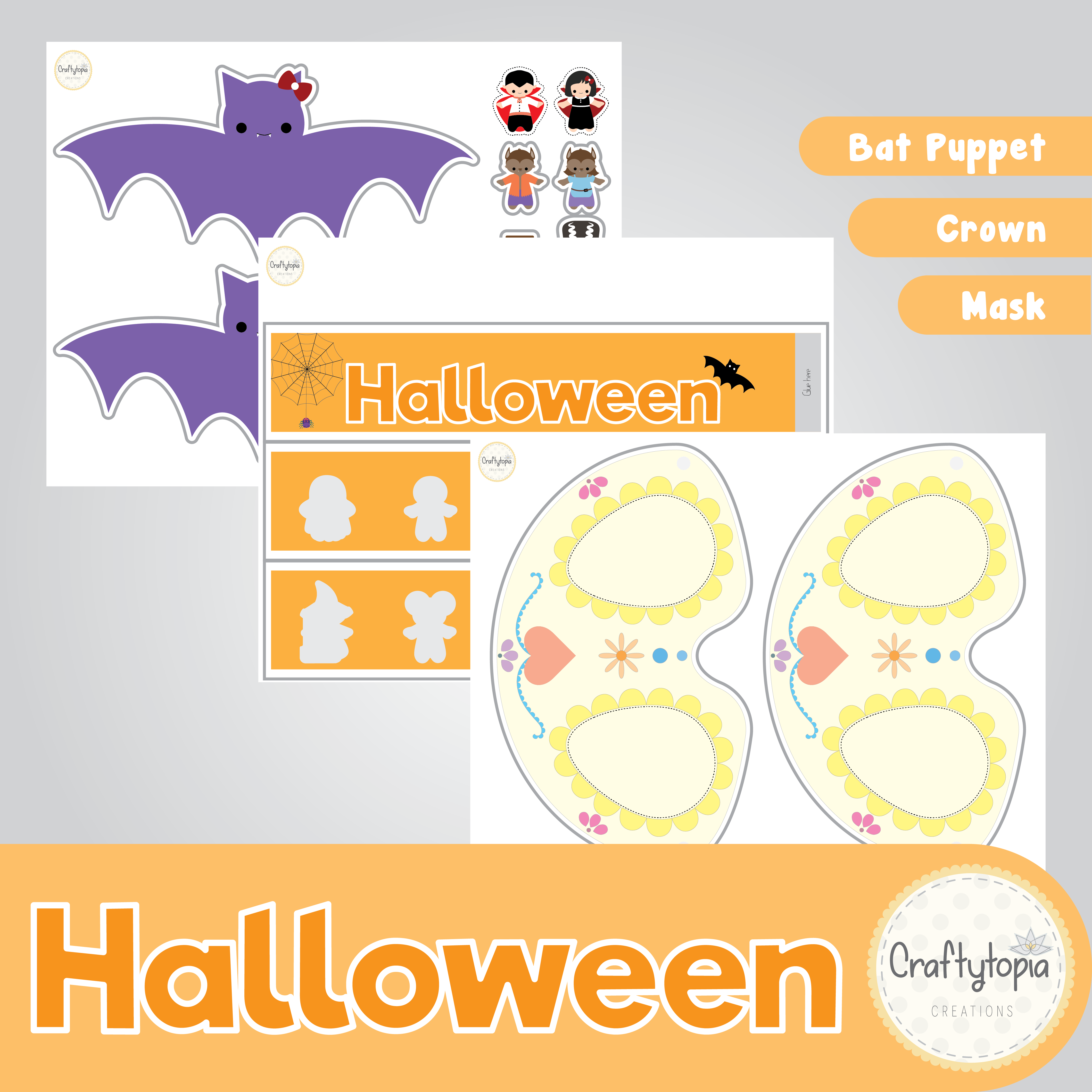 Printable Halloween Crown, Mask, Puppet Craft Kids Activity in color