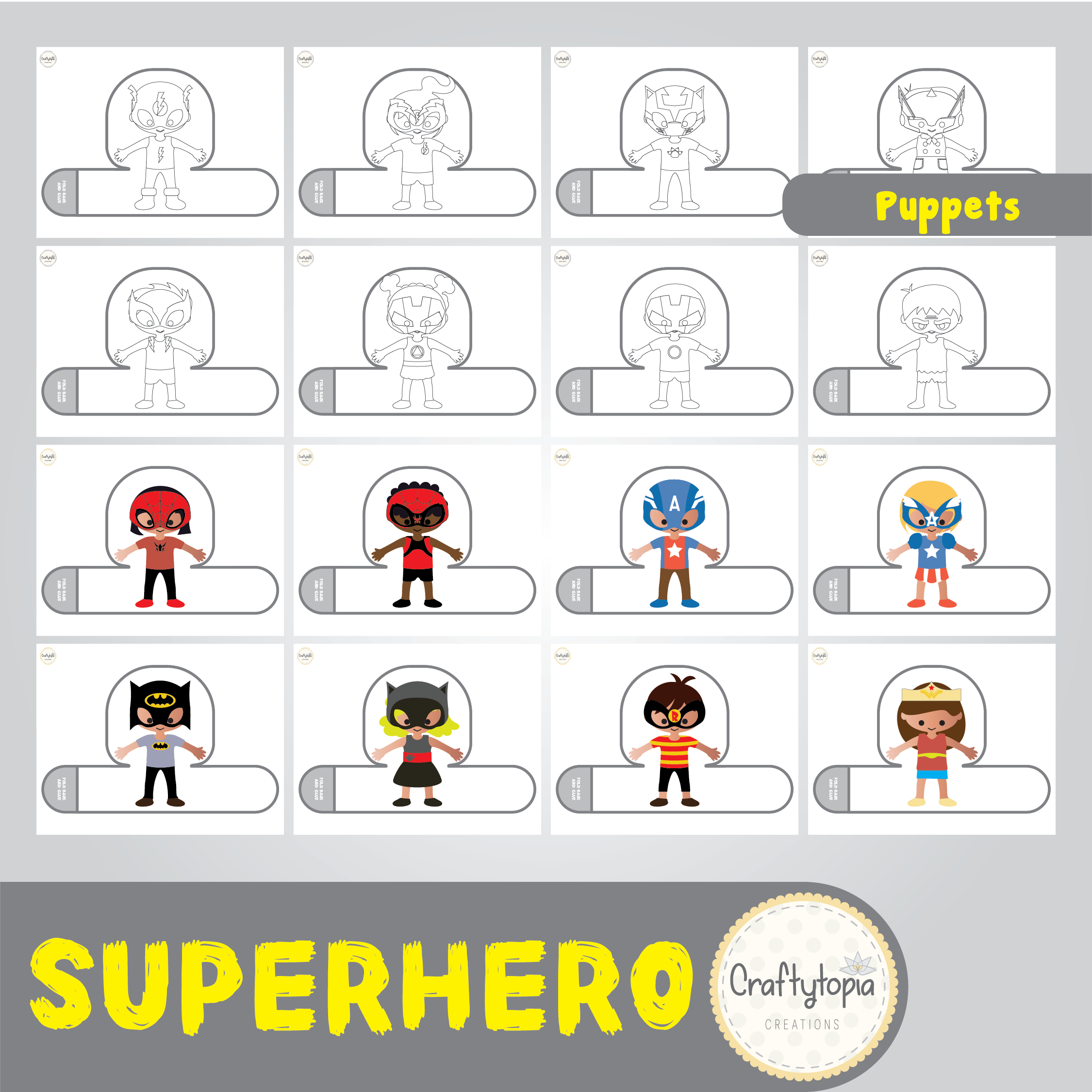 Printable Superhero Scene and Puppets Kids Storytelling Activity for coloring