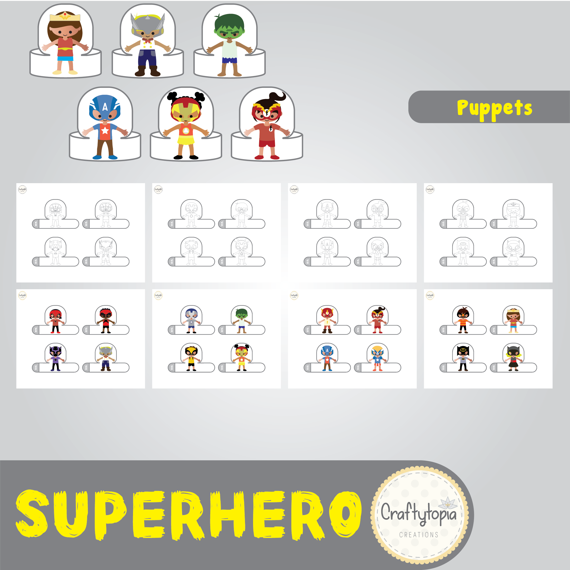 Printable Superhero Hand and Finger Puppets Kids Storytelling Activity for coloring