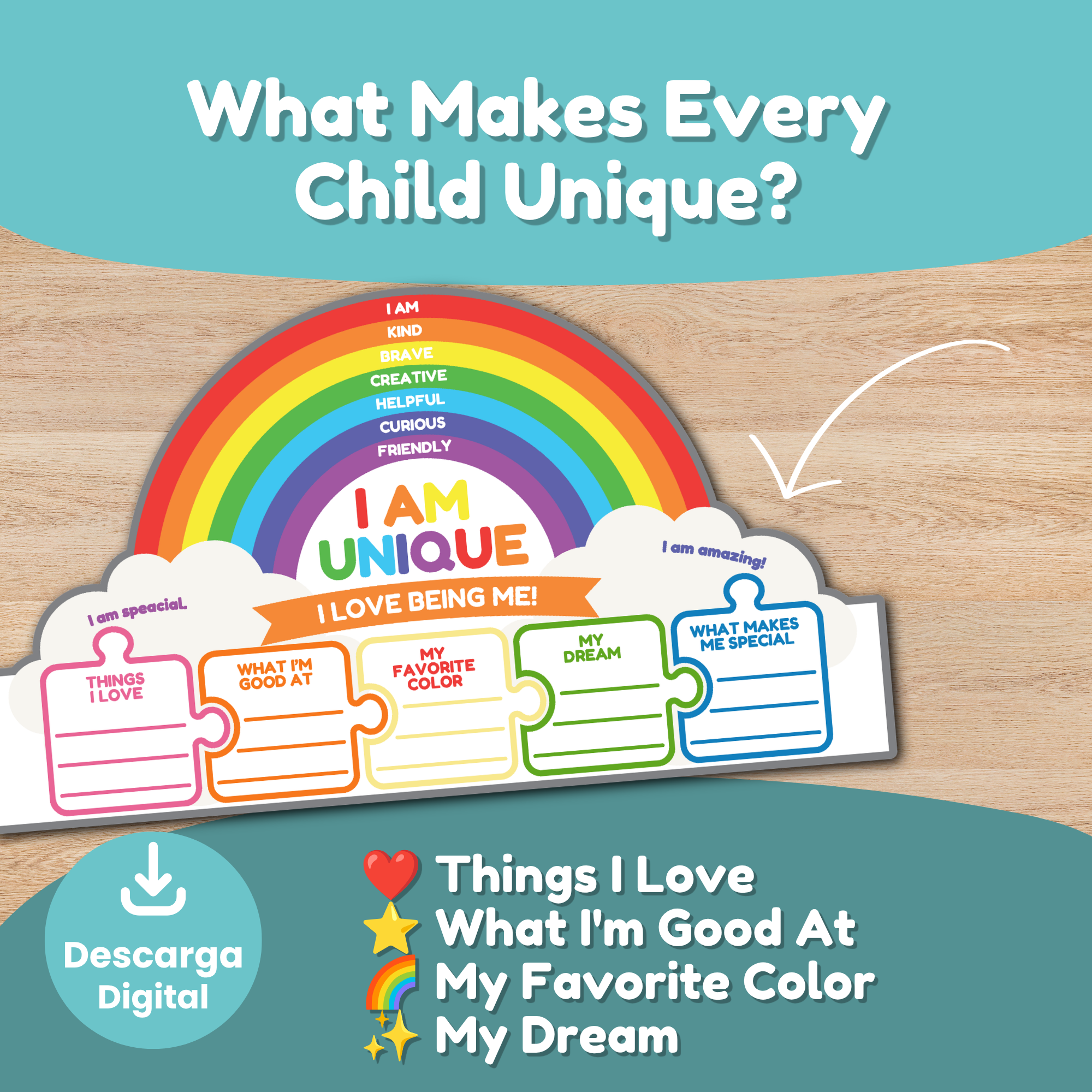 I Am Unique Crown printable includes self-esteem activities, confidence-building prompts, and a wearable rainbow crown designed for social emotional learning.