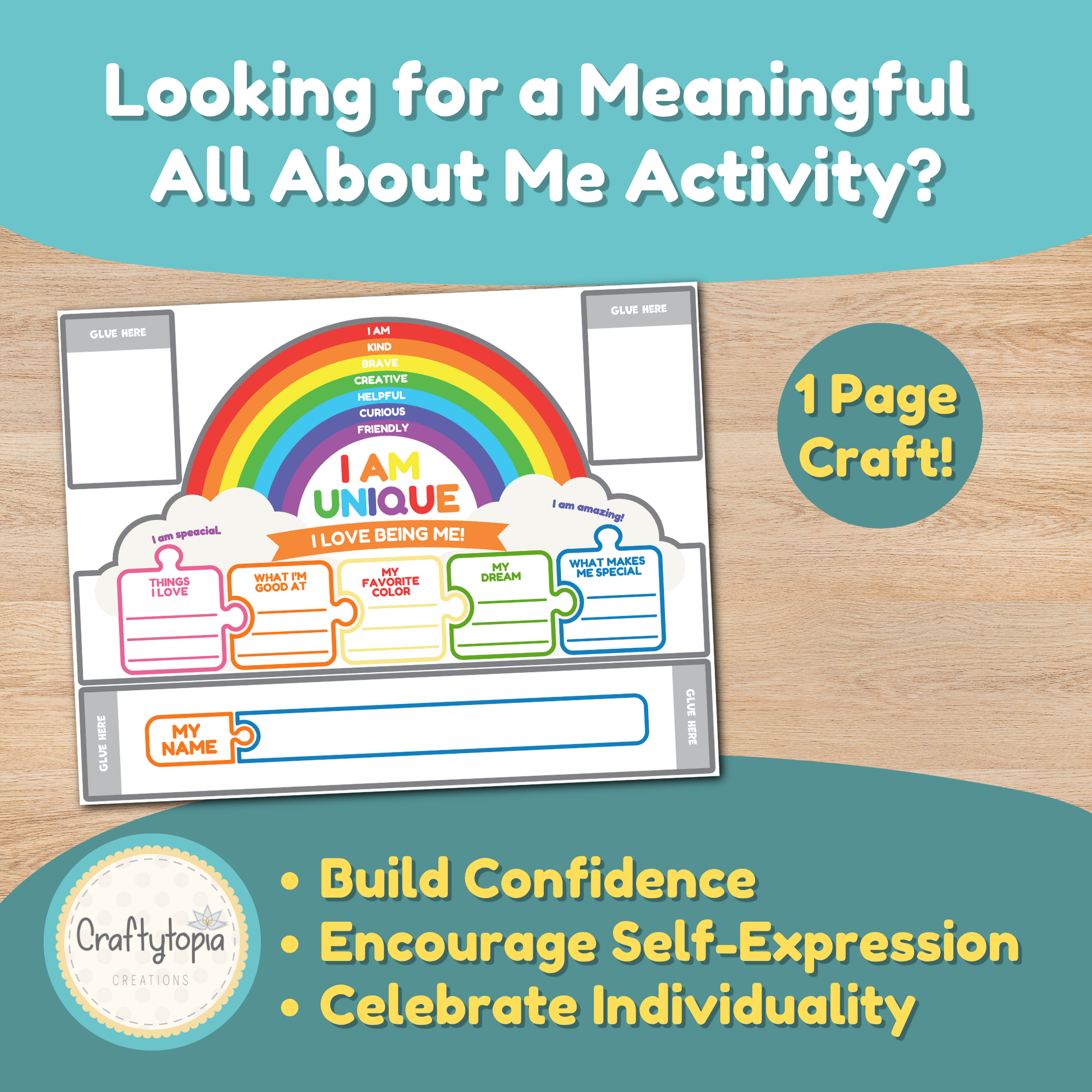Instruction page showing how children complete the I Am Unique Crown by reflecting on things they love, strengths, dreams, favorite colors, and what makes them special.