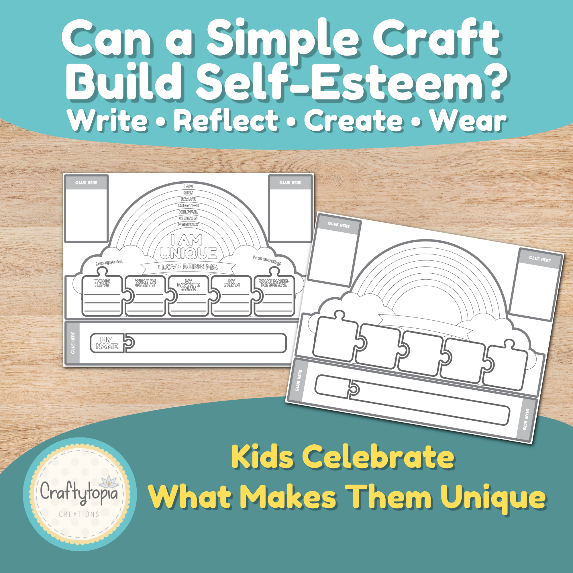 Color version of the I Am Unique Crown with rainbow design and puzzle-piece writing prompts that encourage self-awareness and confidence building.
