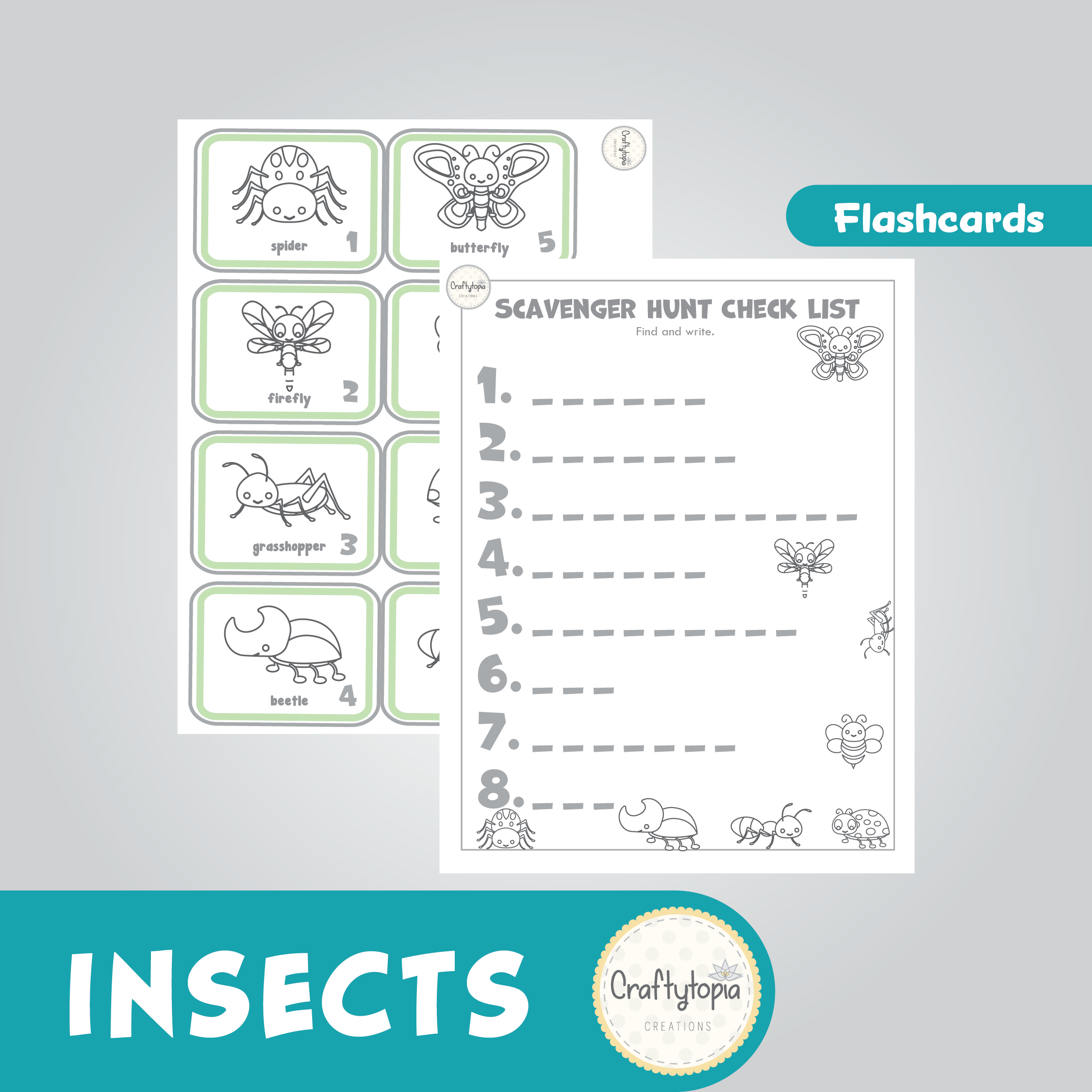 Printable Insects Flashcards Scavenger Hunt Kids Activity for coloring