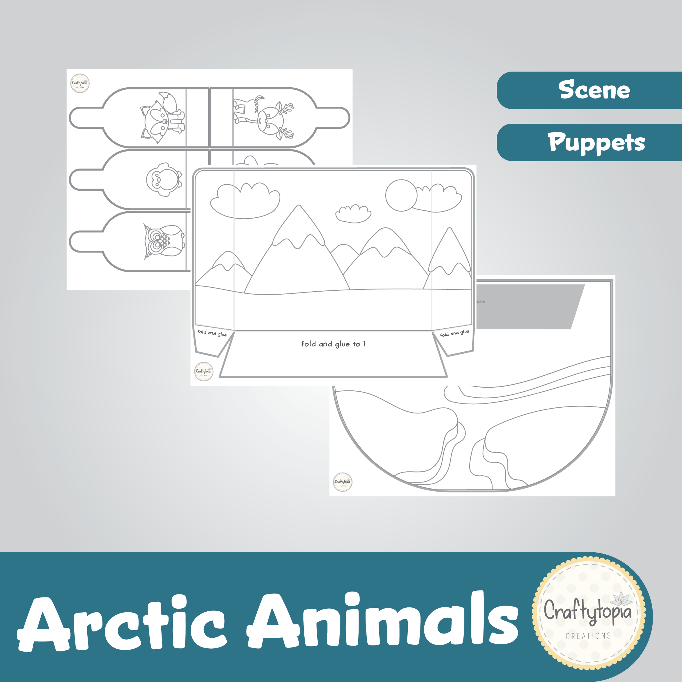 Printable Arctic Scene and Puppets Kids Storytelling Activity for coloring