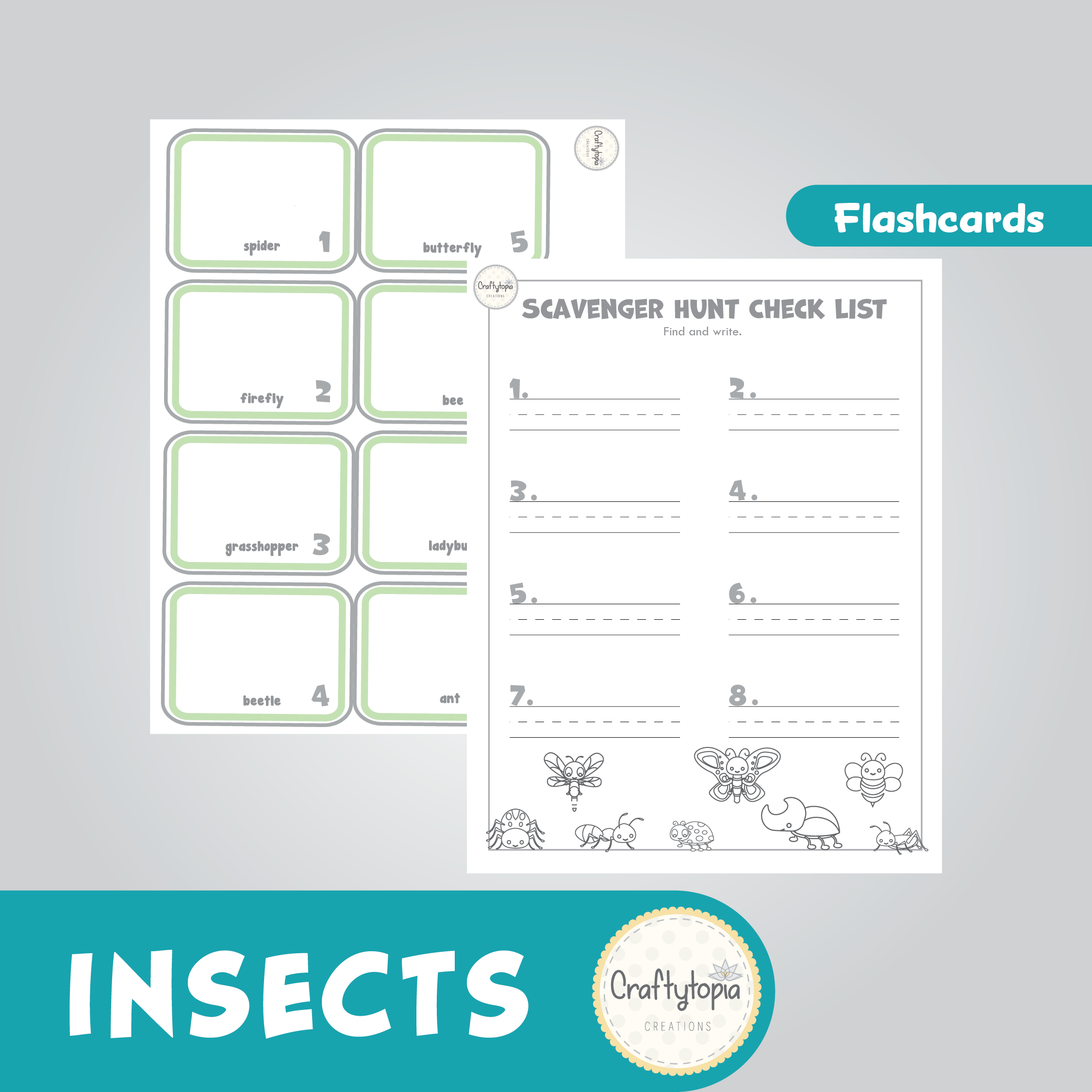 Printable Insects Flashcards Scavenger Hunt Kids Activity for coloring