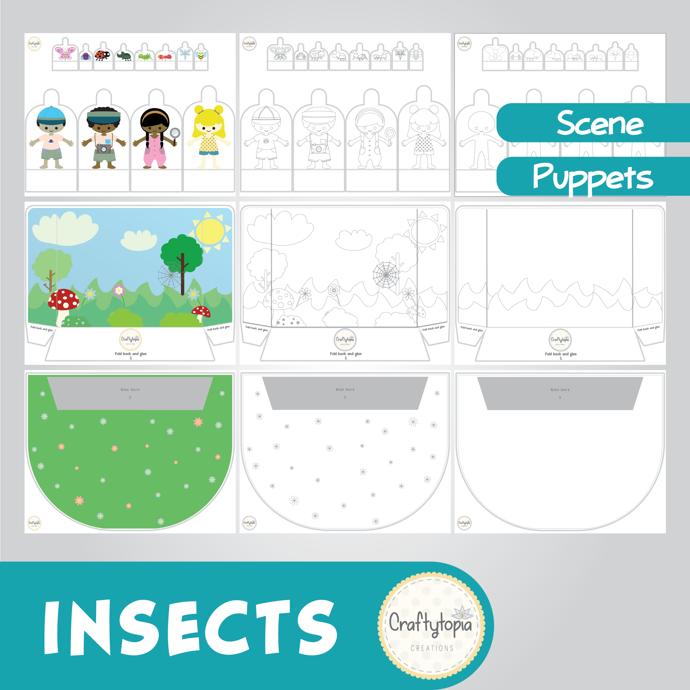 Printable Insects Scene Puppets Kids Activity for coloring