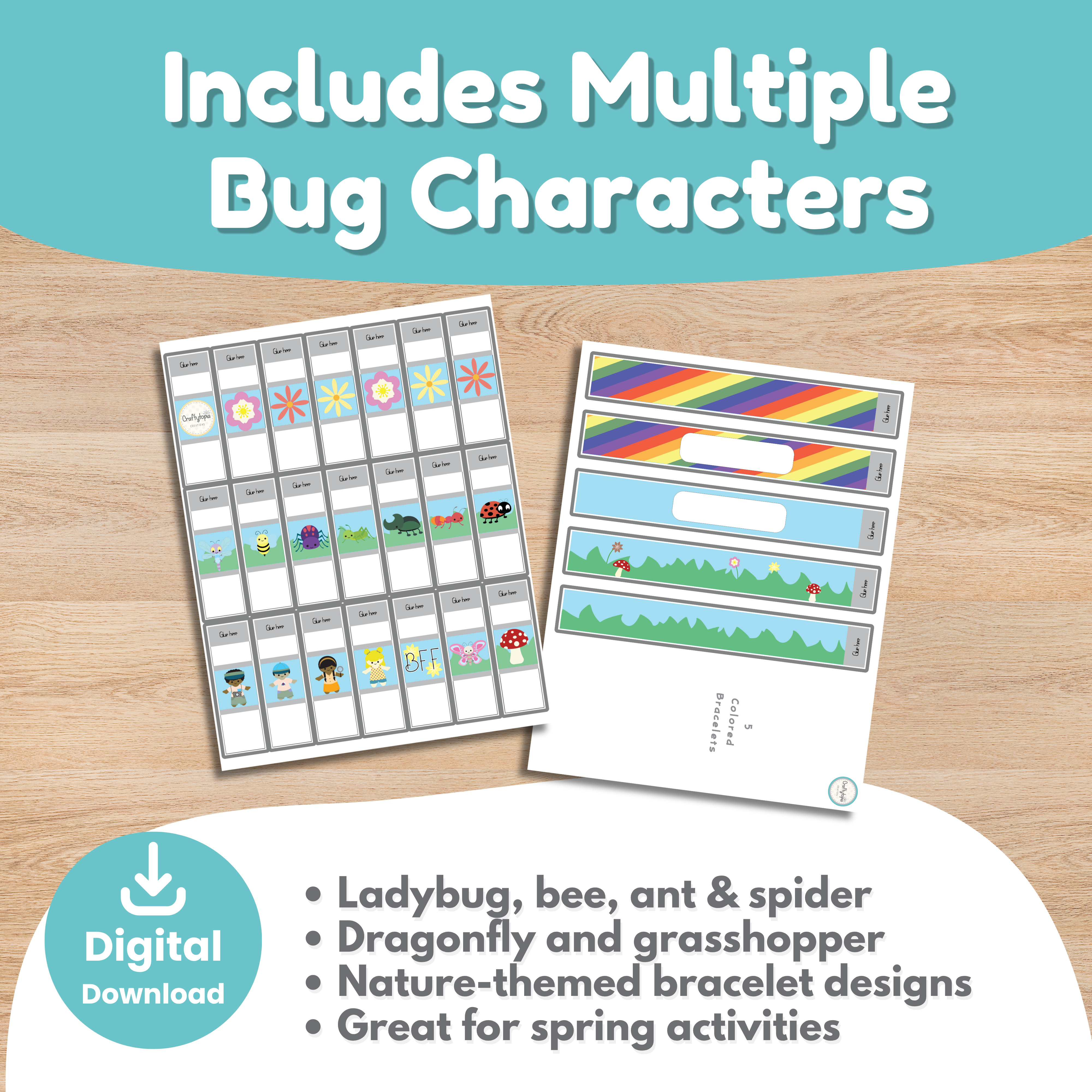 Color insect bracelet printable with ladybug bee dragonfly and ant for kids | Craftytopia Creations