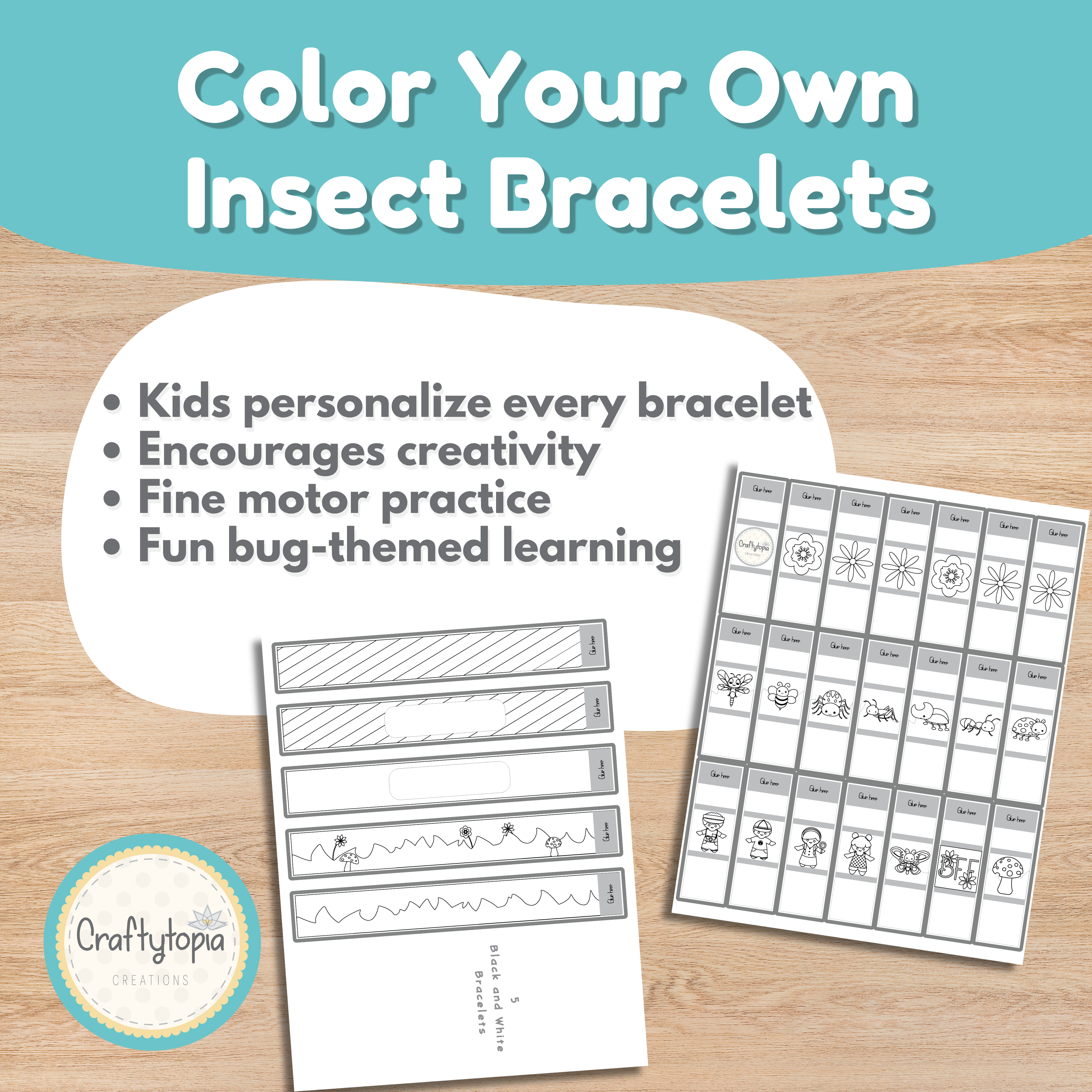 Black and white insects bracelet coloring craft for kids | Craftytopia Creations