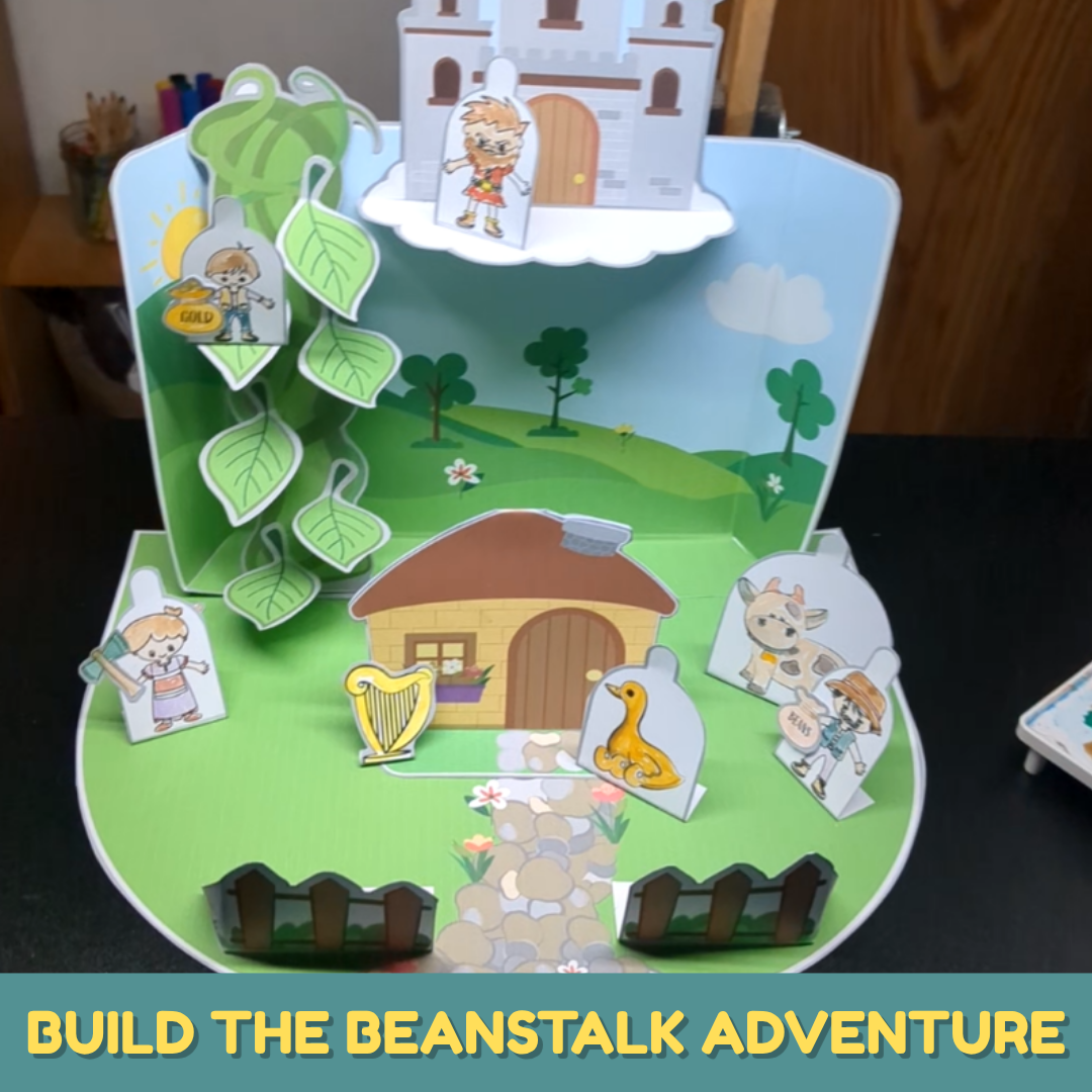 Jack and the Beanstalk printable craft pieces including Jack, story characters, cow, duck, beanstalk, house, castle, fence, gold, beans, and story props.