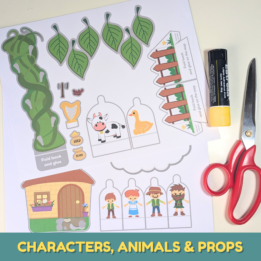 Jack and the Beanstalk printable background scene with a beanstalk, house, castle, countryside setting, fences, and story pieces ready to assemble.