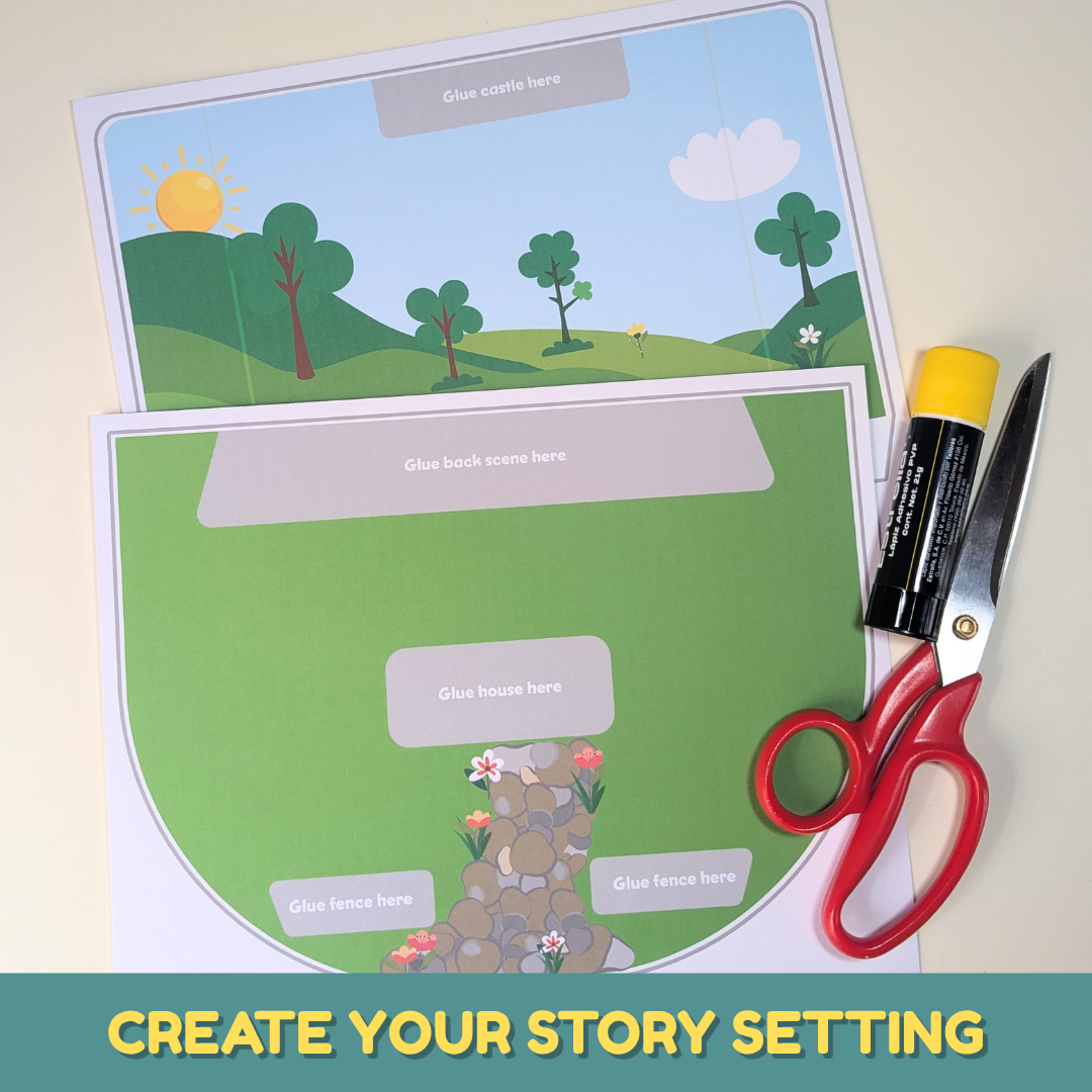 Jack and the Beanstalk printable characters and story props being assembled, including Jack, villagers, a cow, duck, gold, beans, and beanstalk pieces.