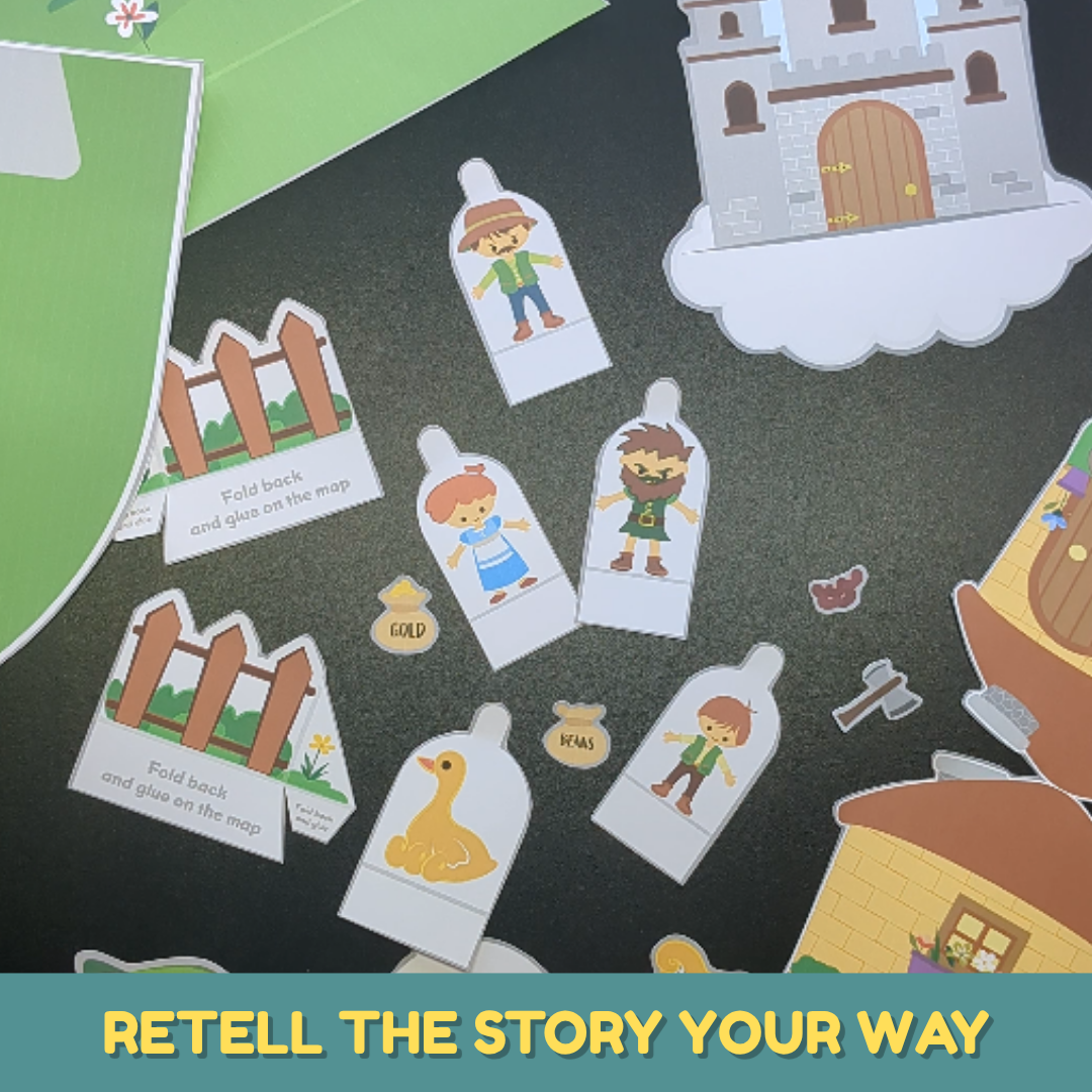 Jack and the Beanstalk printable craft with a paper village scene, giant beanstalk, house, castle, characters, animals, and story props.