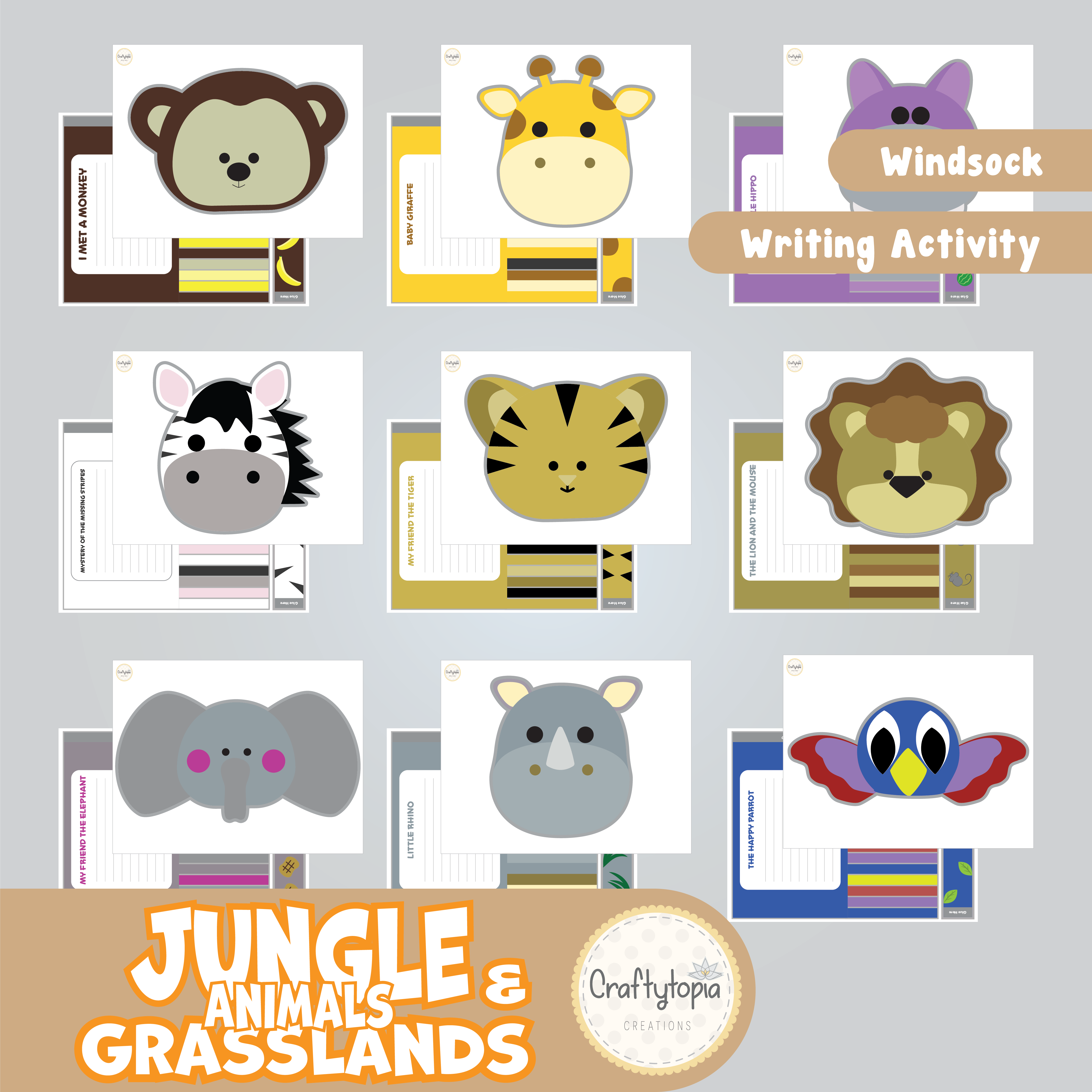 Printable Jungle and Grasslands Animals Windsock Craft and Writing Activity 