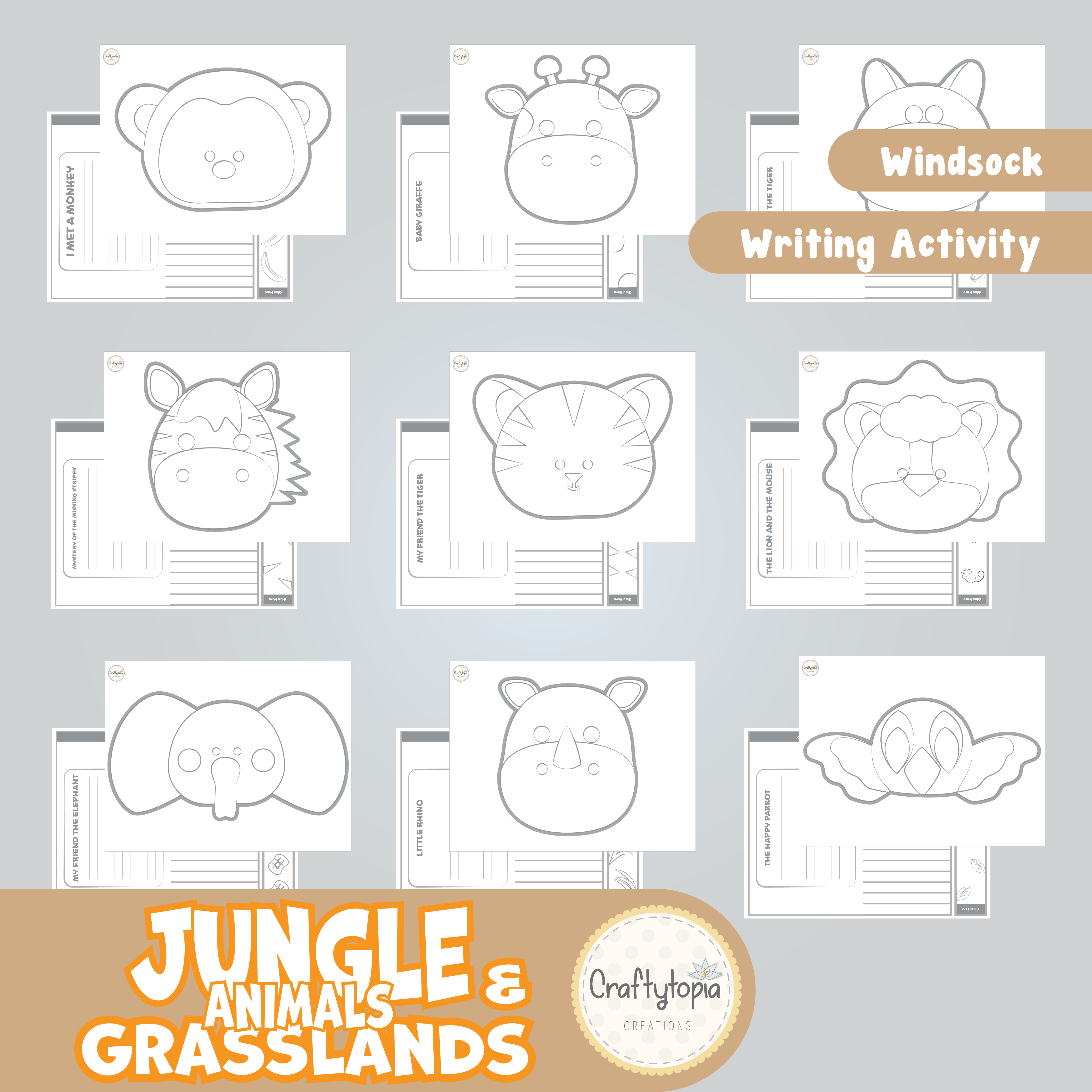 Printable Jungle and Grasslands Animals Windsock Craft and Writing Activity for coloring