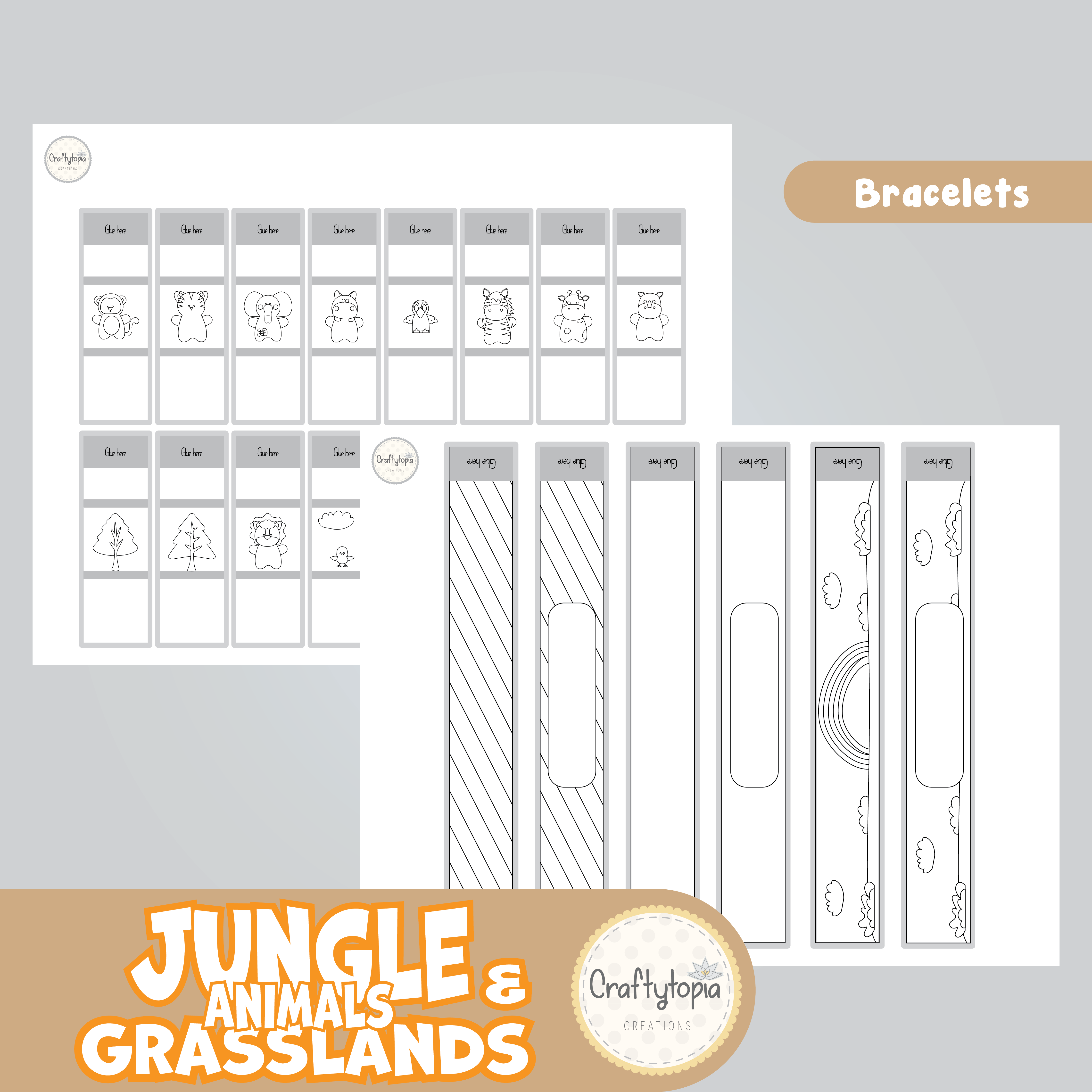 Printable Jungle and Grasslands Animal Bracelets Kids Activity for coloring