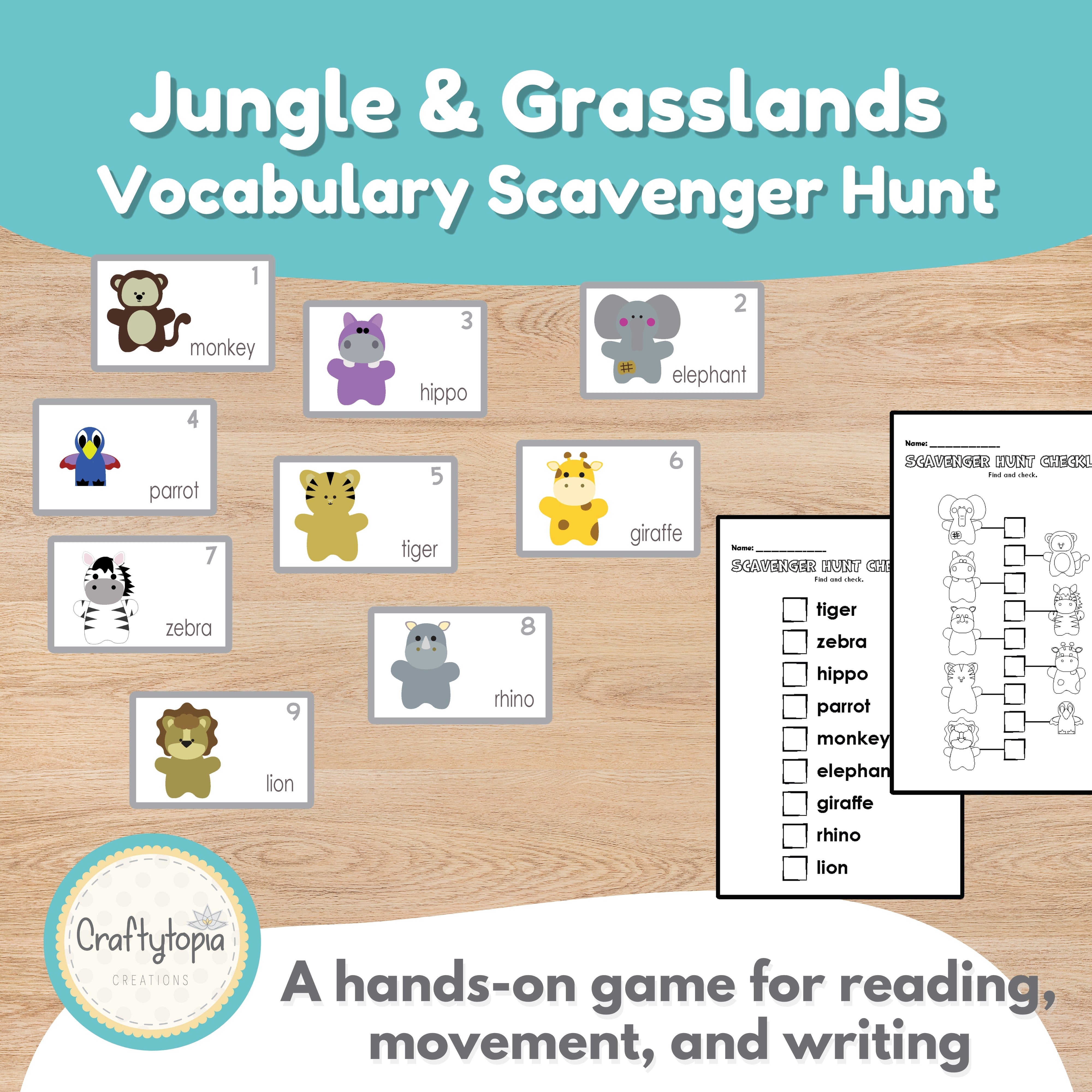 Jungle and grasslands animals scavenger hunt color flashcards for kindergarten — 9 illustrated wild animal vocabulary cards
