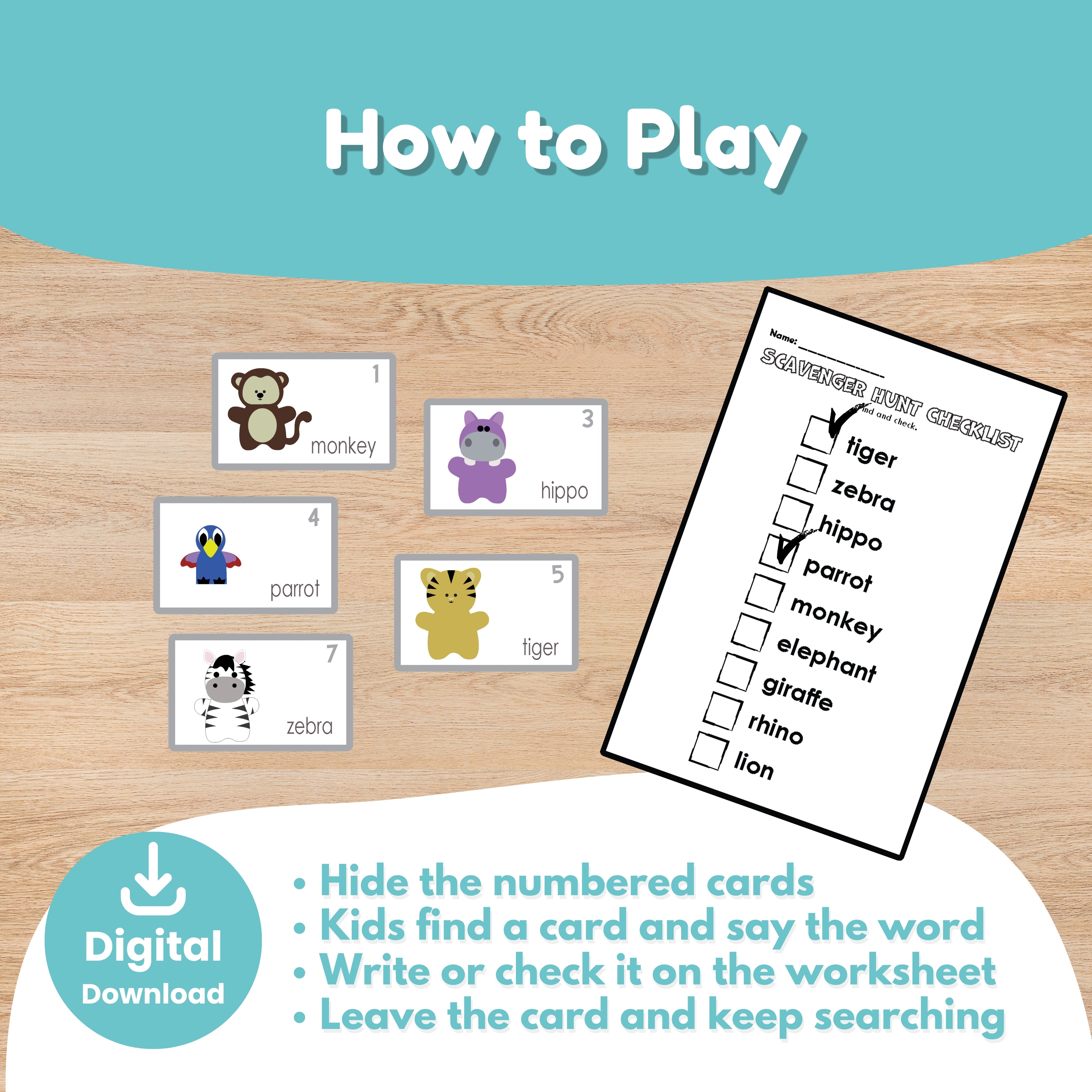 Jungle animals scavenger hunt writing list worksheet for Pre-K — find the card and write the animal word