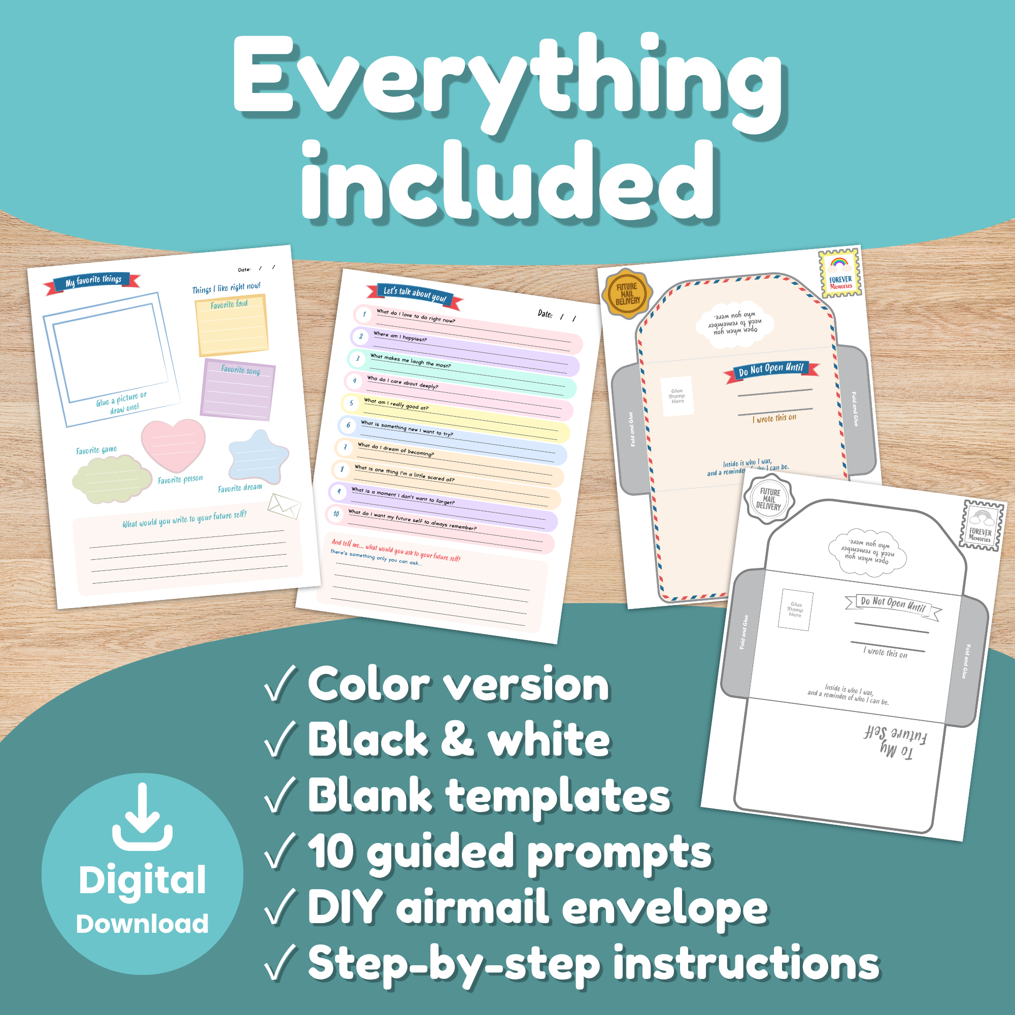 Everything included in the Letter to My Future Self printable time capsule download: color version, black and white version, blank templates, 10 guided writing prompts, DIY airmail envelope, and step-by-step instructions — digital download for kids grades K–5