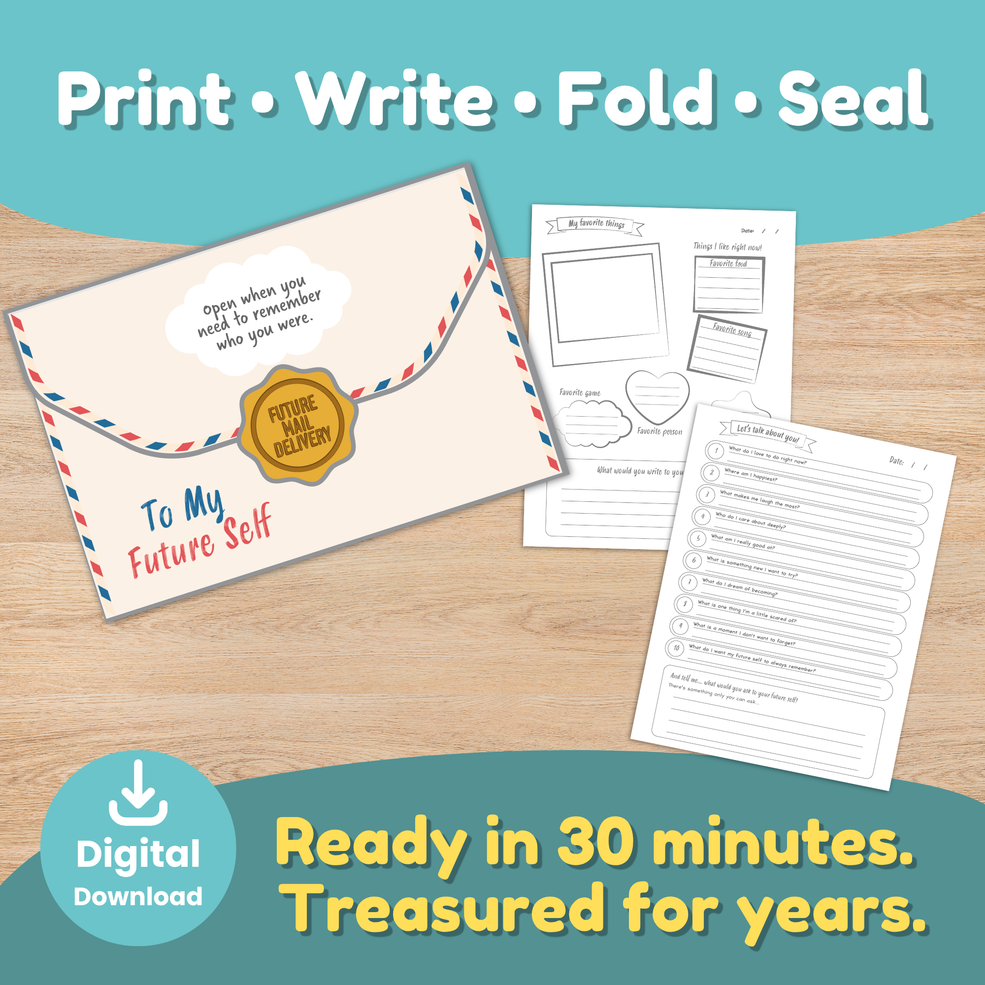 Black and white version of the Letter to My Future Self printable time capsule showing the DIY airmail envelope with To My Future Self text and Future Mail Delivery seal, the My Favorite Things coloring page, and the 10 self-reflection writing prompts page — instant digital download ready in 30 minutes