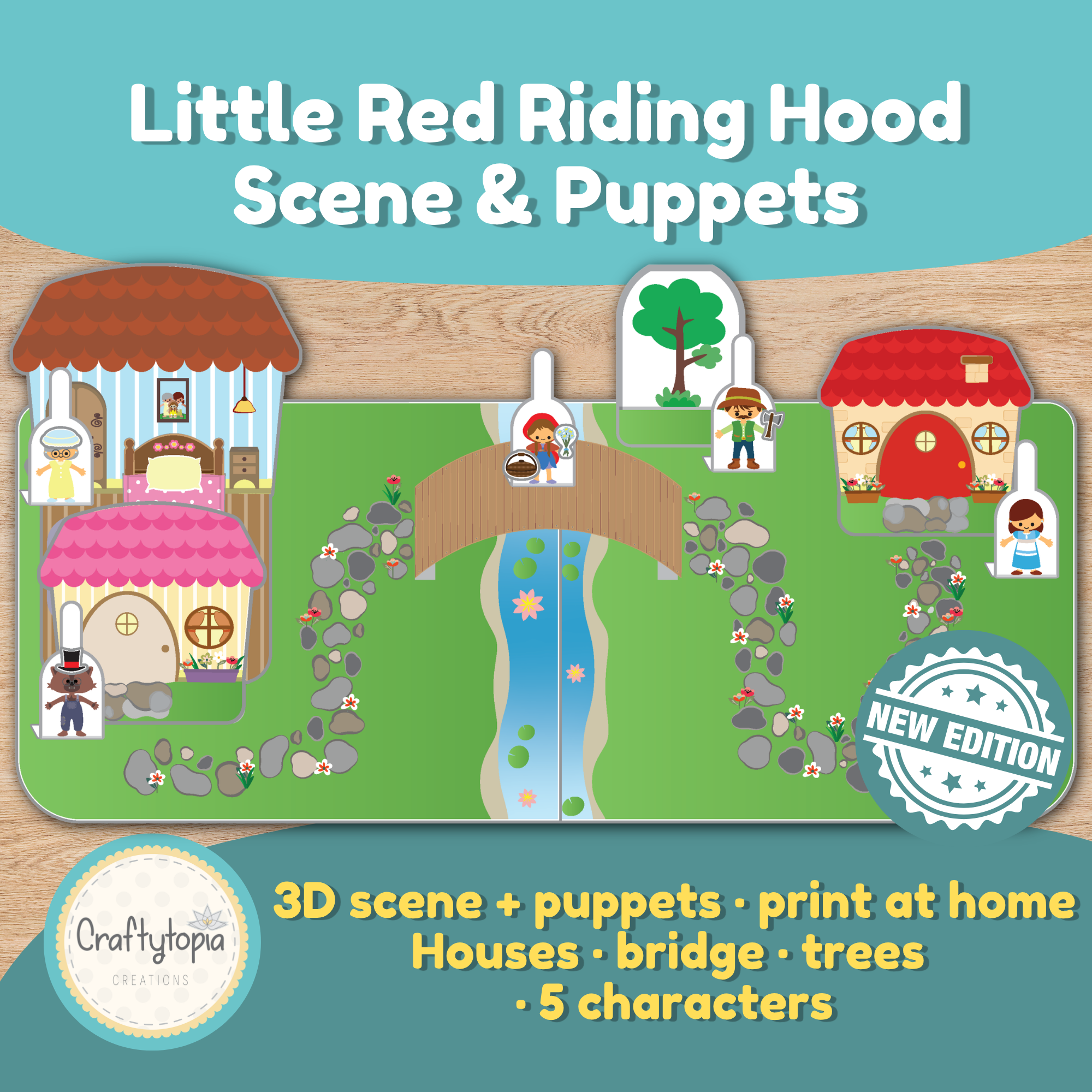 Little Red Riding Hood 3D printable scene set with 
Grandma's house, Little Red's house, a bridge, trees 
and 5 story characters including Little Red, the Wolf, 
the Woodcutter and Grandma — print at home craft for 
kids