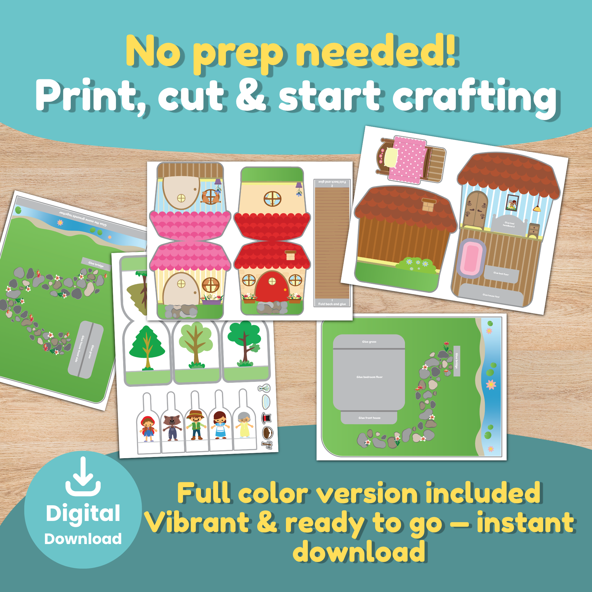 Full color printable pages for the Little Red Riding 
Hood 3D scene set showing houses, characters, trees 
and scene mat — instant digital download print and 
craft activity for kids