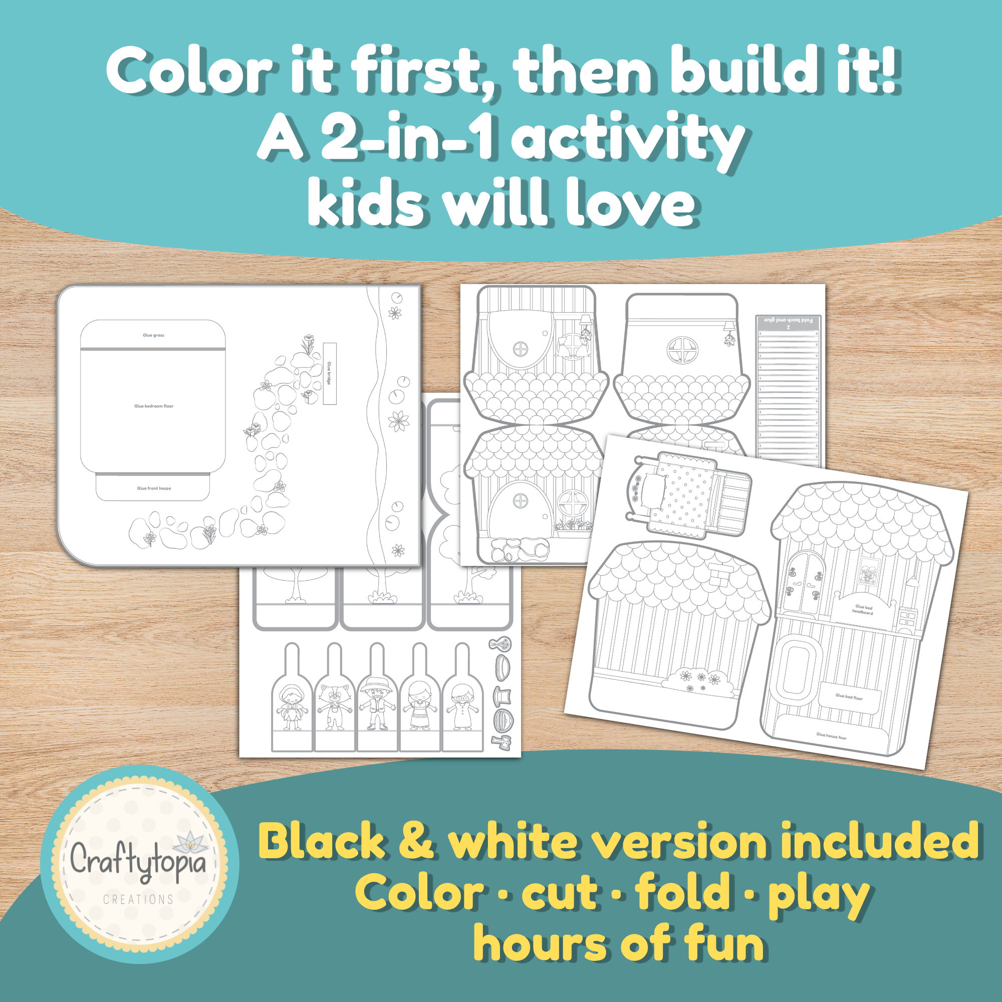 Black and white printable version of the Little Red 
Riding Hood 3D scene set — color it first then build 
it, a 2-in-1 craft and coloring activity for kids