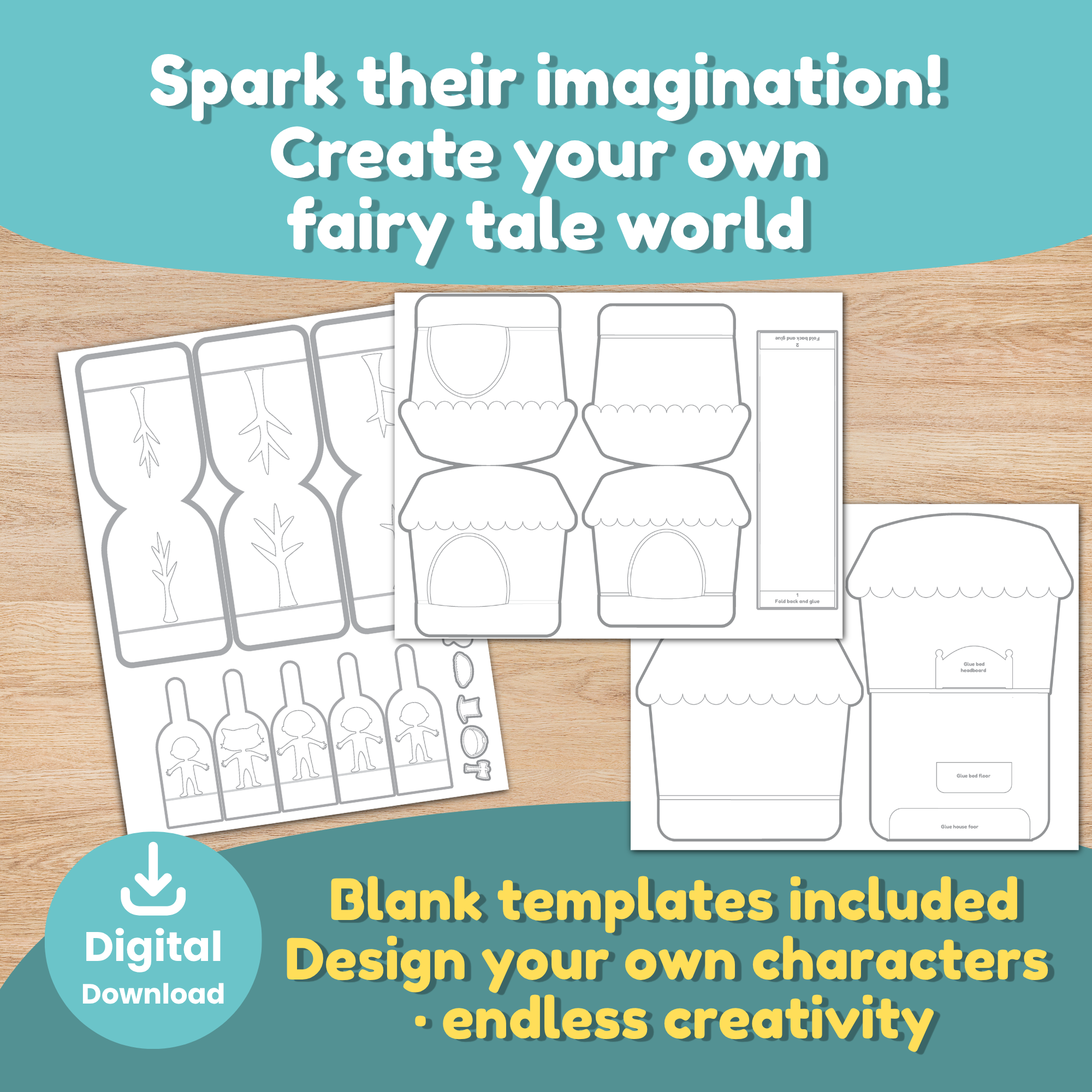 Blank template version of the Little Red Riding Hood 
3D scene set for kids to design their own characters 
and fairy tale world — creative printable activity 
for classrooms and homeschool