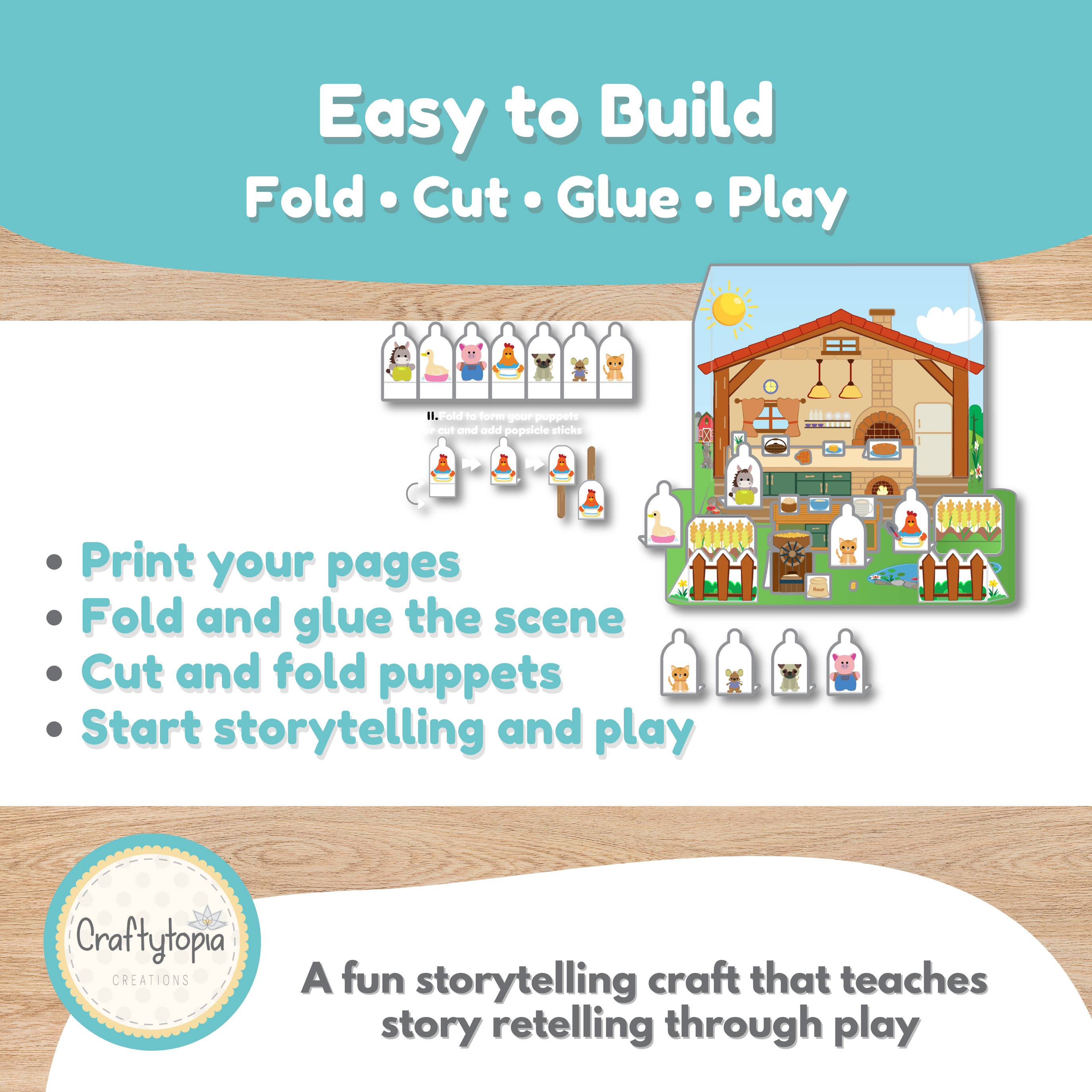 Little Red Hen Puppet Theater Printable | Story Sequencing & Dramatic Play Activity Craftytopia.com