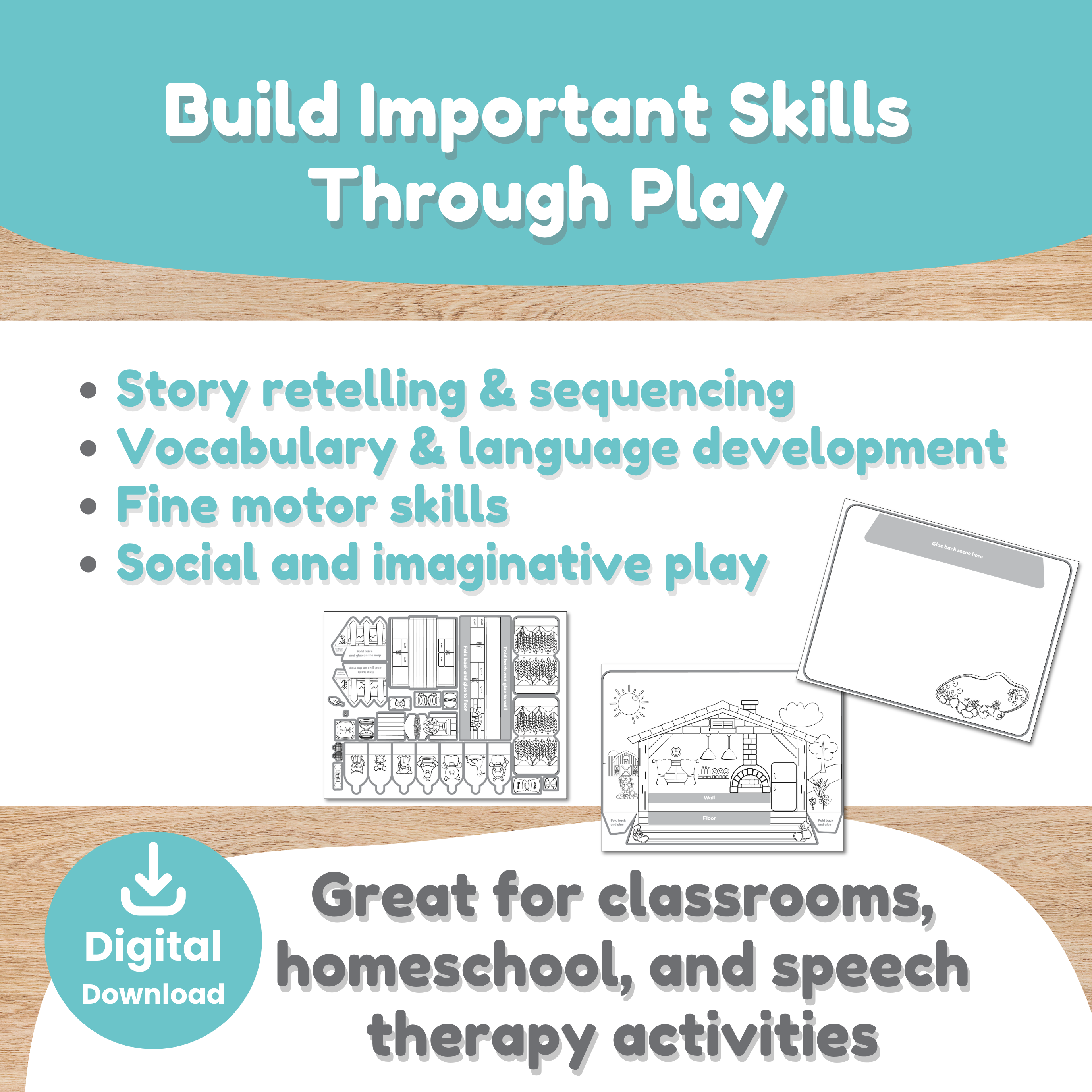 Little Red Hen Puppet Theater 
Full color — print and play immediately
Black & white — children color their own characters (great for fine motor + ownership)
Blank template — design original characters for creative writing extensions